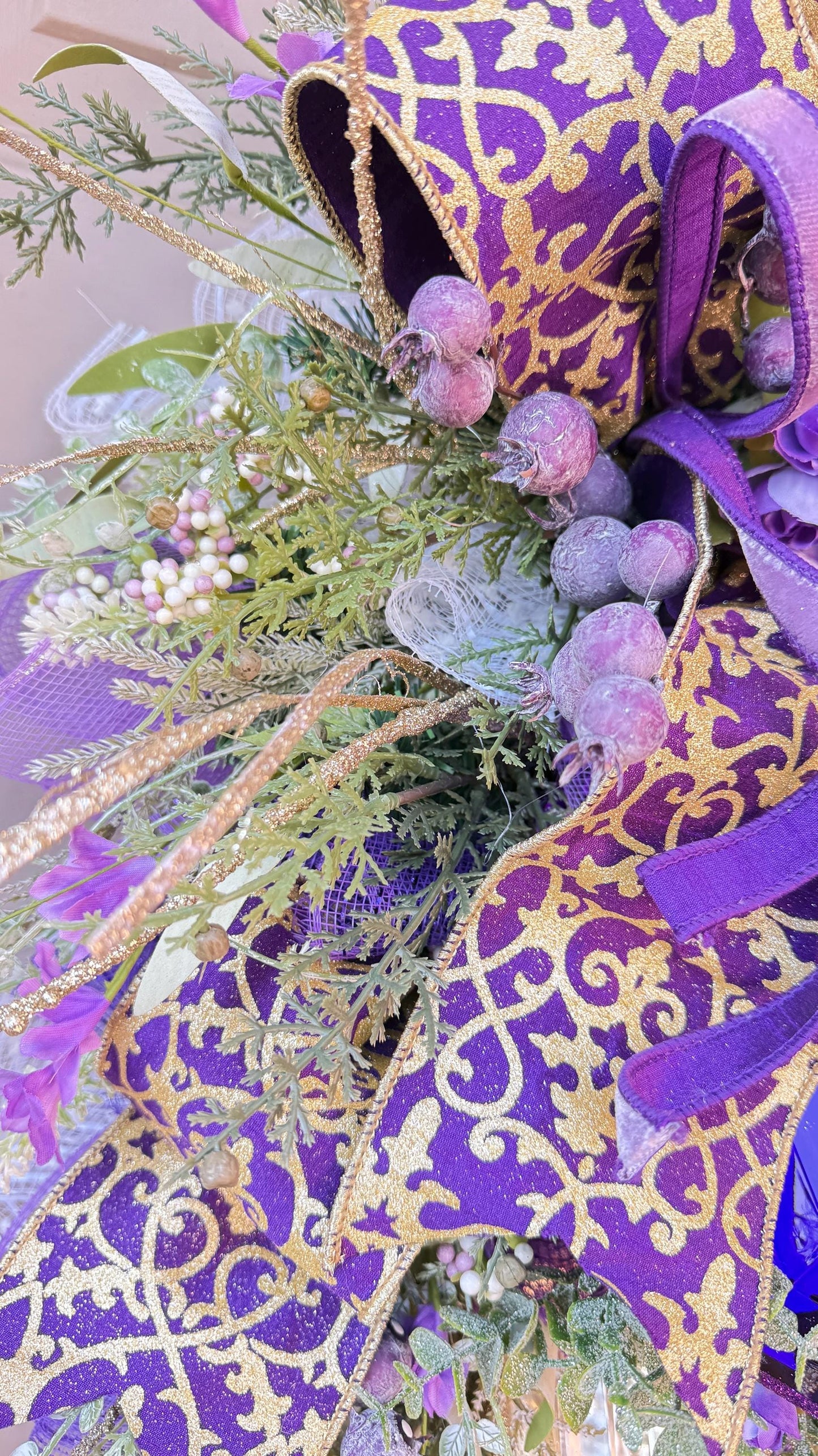 Purple and Gold Gem Wreath Holiday Decor Glitter Accents Handmade Front Door Wreath