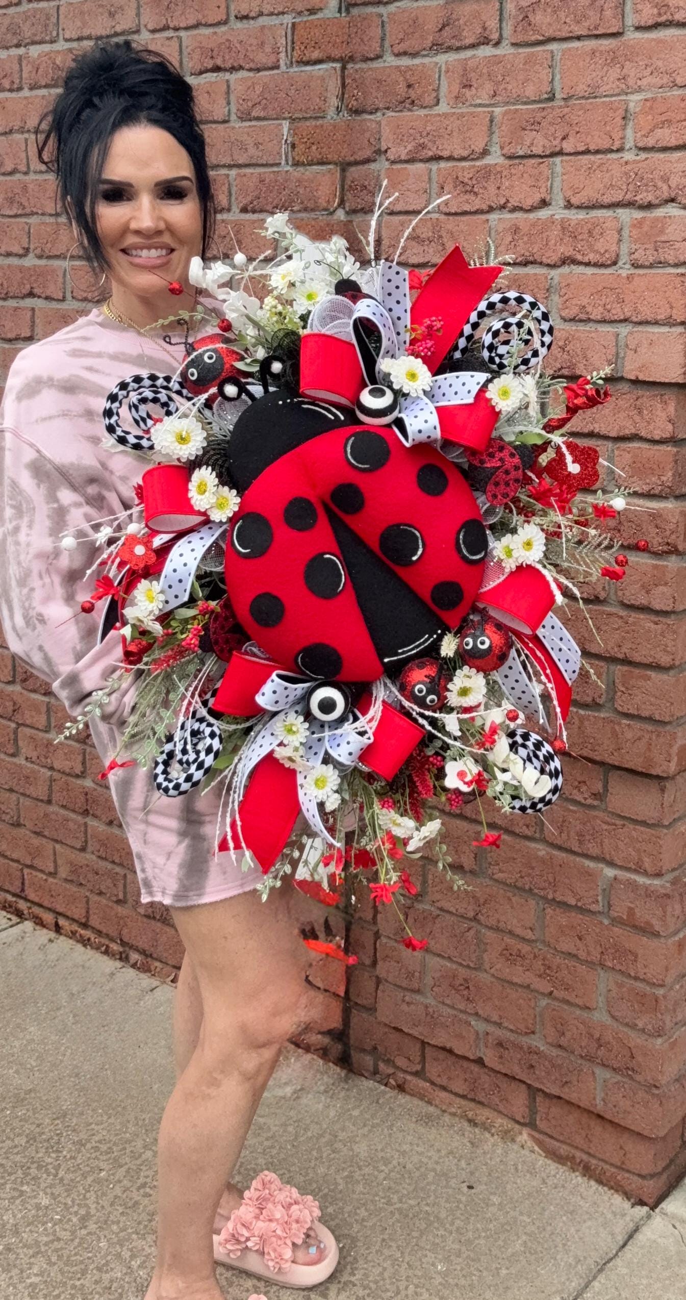 Ladybug Wreath: Red, Black & White Ribbons, Summer Door Decor