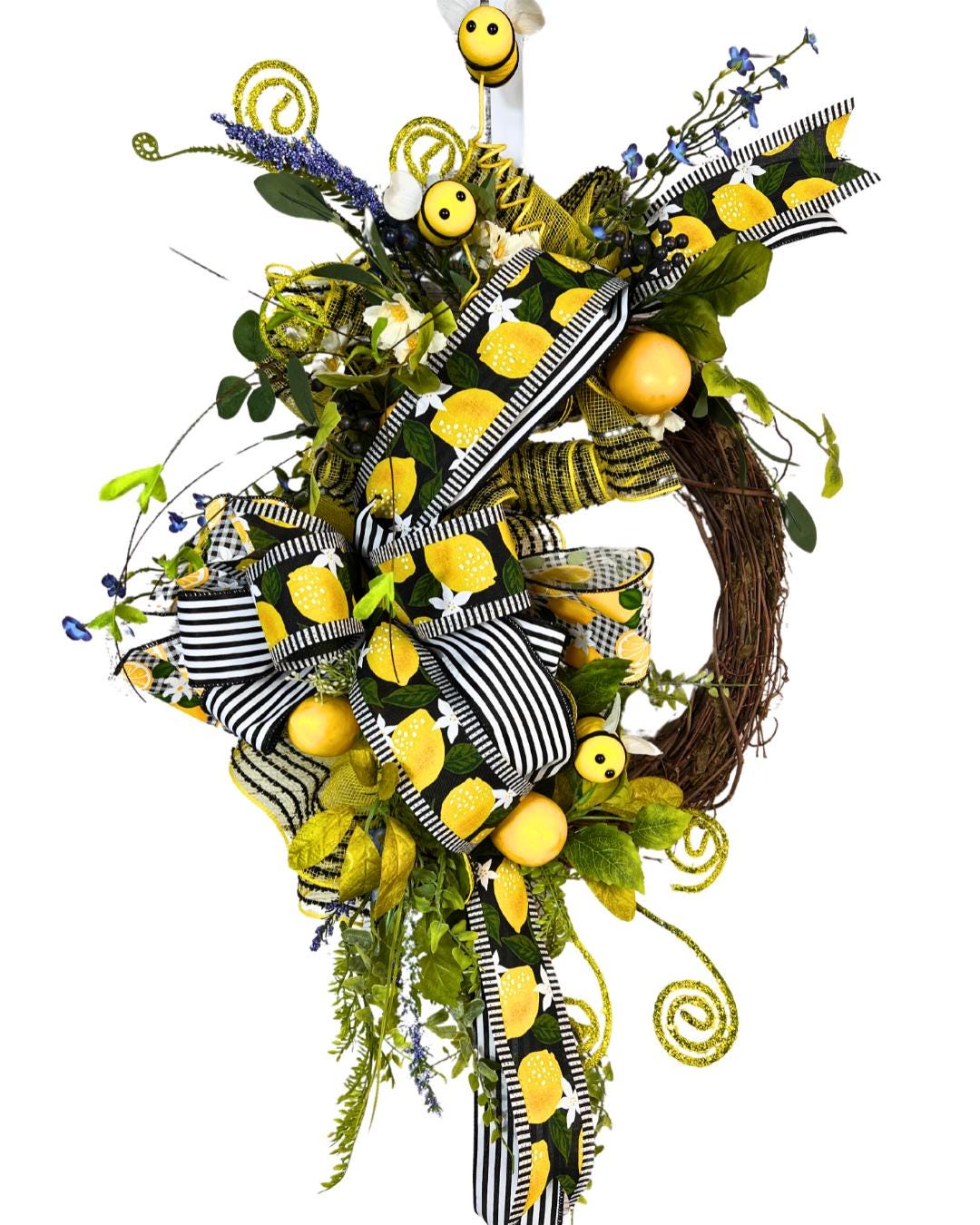 Black and Yellow Bee Wreath with Lemon Accents, Front Door Decor, Black and Yellow Bow