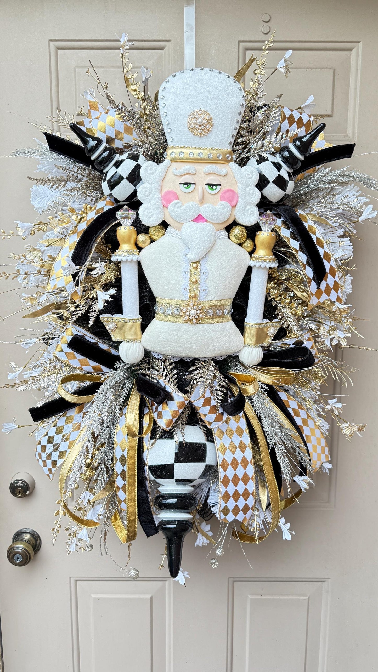 Nutcracker Christmas Wreath White and Gold Large Luxury Holiday Door Decoration
