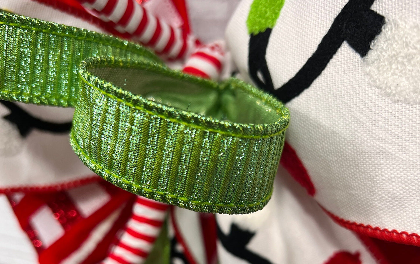 Christmas Red White Green Holiday Bow, Tree Topper with Elf Legs, Glitter Plaid Mailbox Decoration