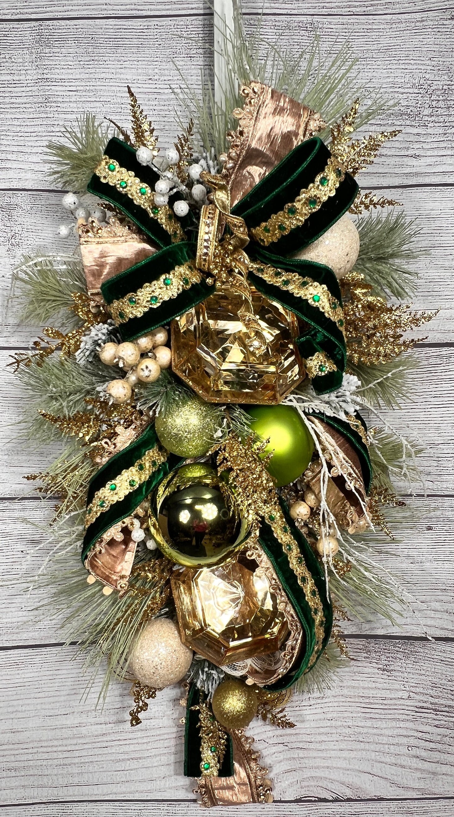 Elegant Winter Swag, Swag with Large Gems, Luxurious Green & Gold Christmas Wreath with Velvet Ribbon and Ornaments - Elegant Holiday Décor