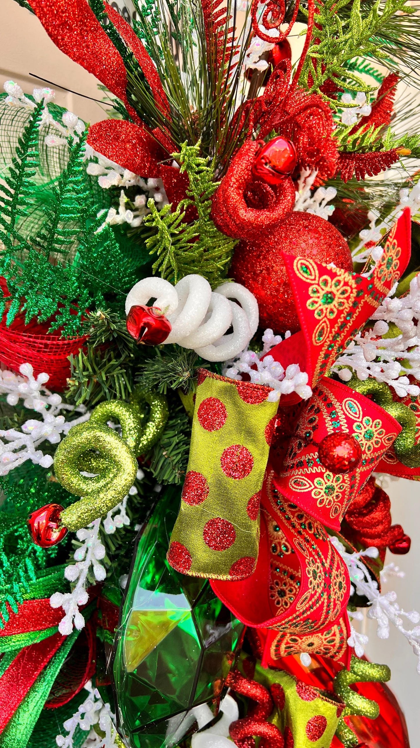 Red and Green Christmas Swag with Ornaments, Holiday Door Swag, Front Door Christmas Decor
