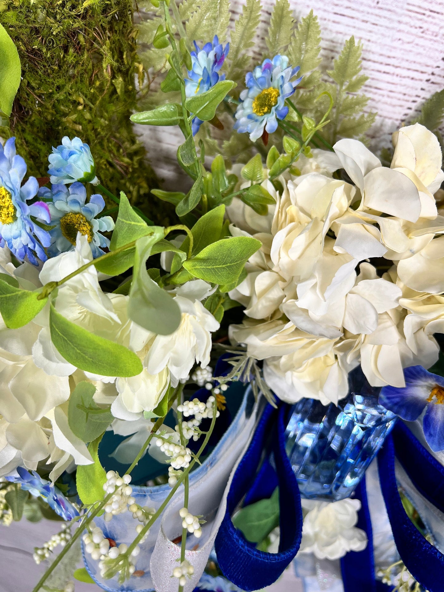 Floral Moss Wreath: Blue Hydrangea, Garden Party Decor