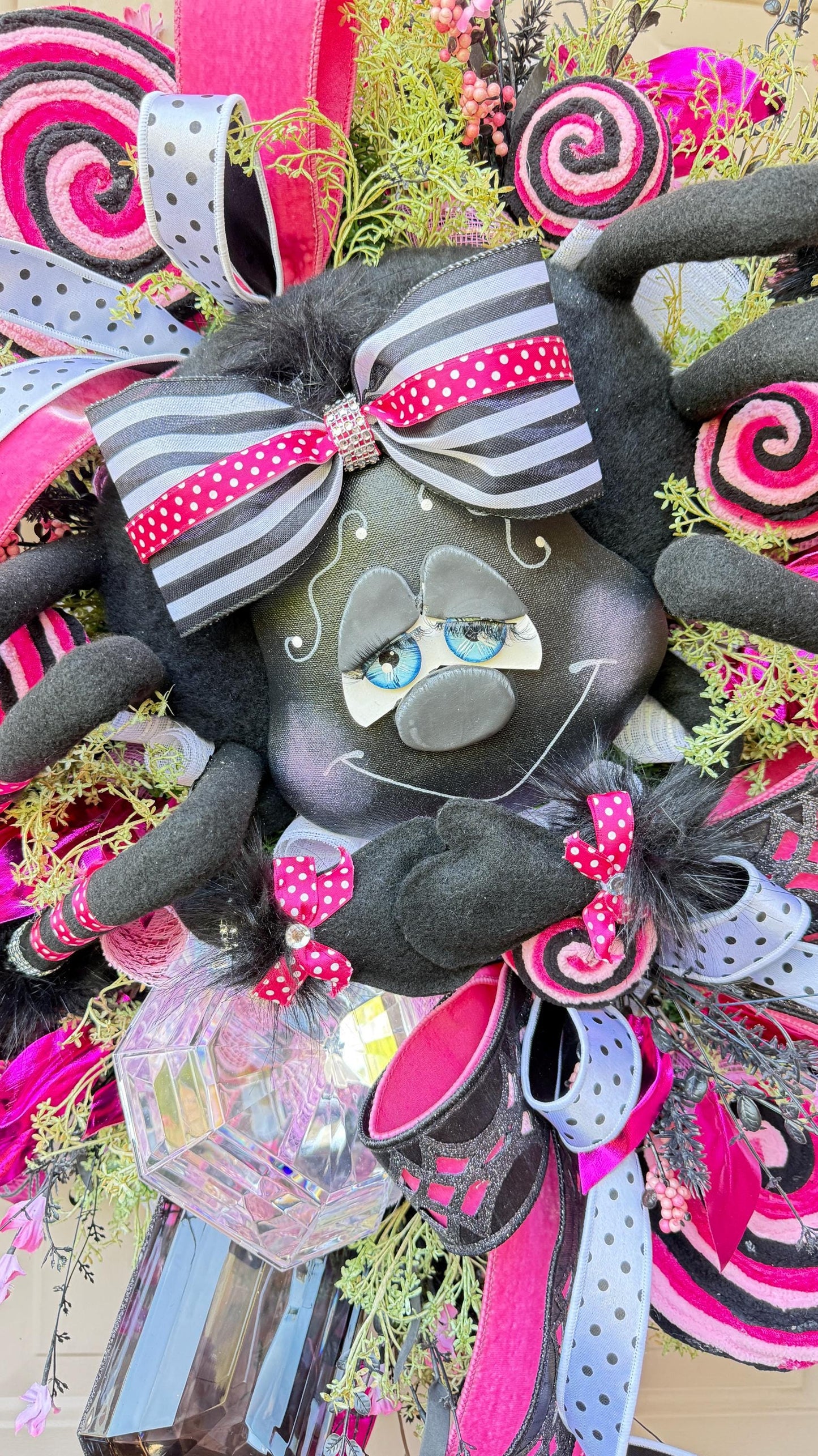 Pink & Black Spider Wreath, Rhinestone Spider, Designer Ribbon Bow, Halloween Luxury Door Decoration