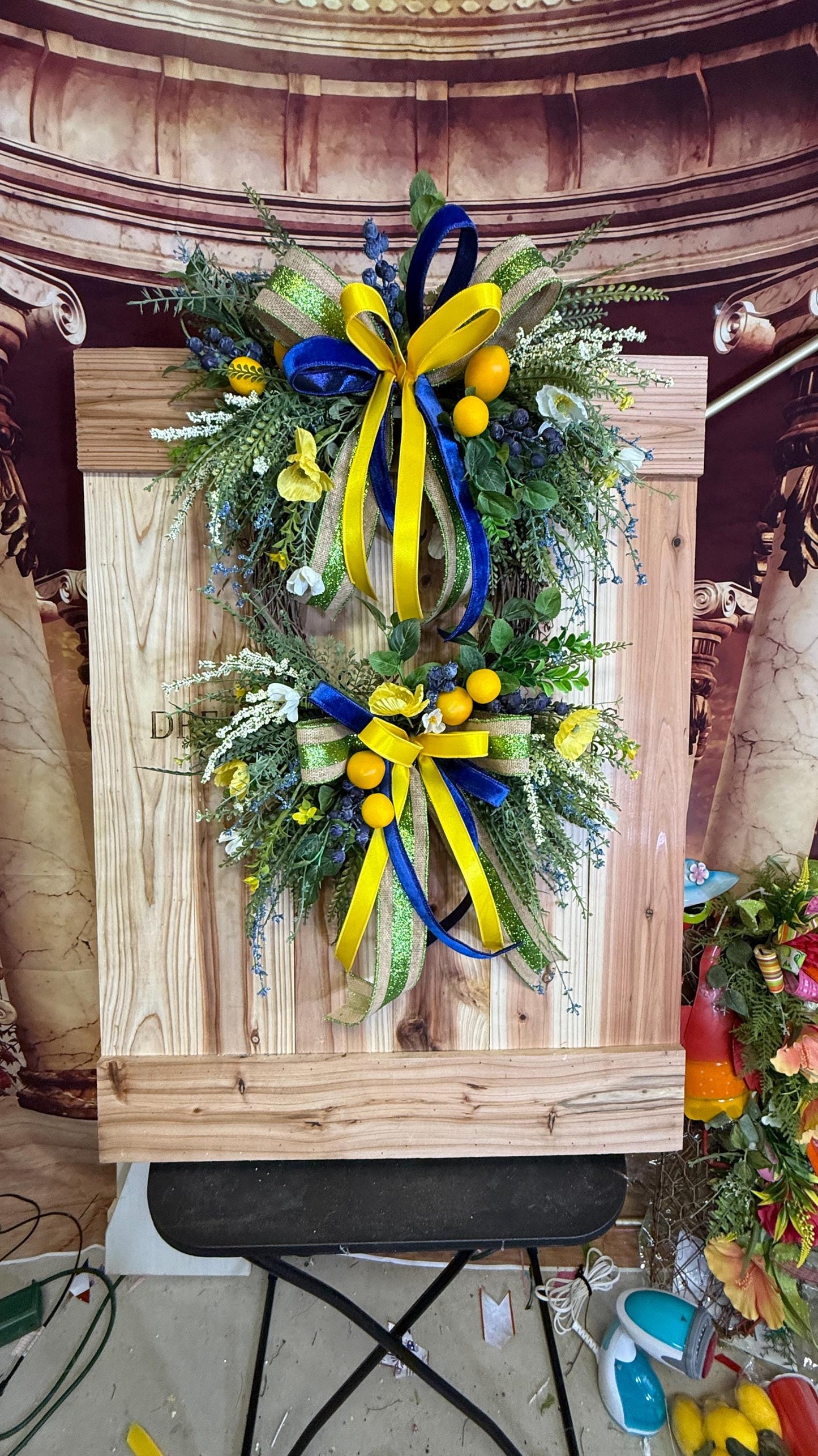 Lemon Grapevine Door Wreath, Yellow Flowers, Blue Ribbons, Handmade