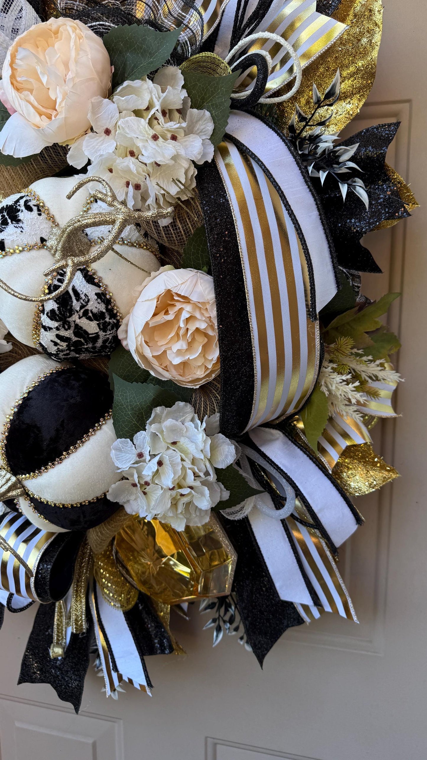 Luxury Fall Wreath: Black, Gold, & Velvet Jeweled Pumpkins