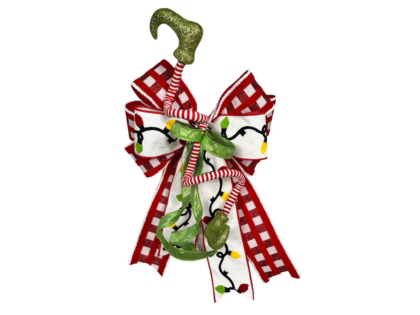 Christmas Red White Green Holiday Bow, Tree Topper with Elf Legs, Glitter Plaid Mailbox Decoration
