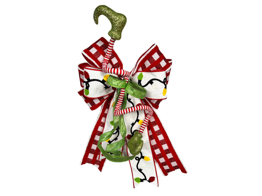 Christmas Red White Green Holiday Bow, Tree Topper with Elf Legs, Glitter Plaid Mailbox Decoration