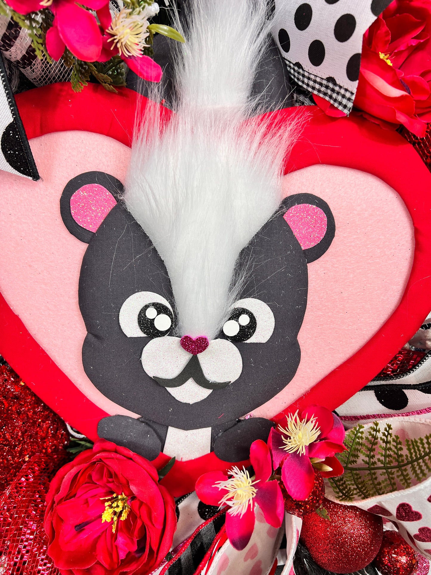 Handmade Valentine's Skunk Wreath: Whimsical Heart Front Door Decor