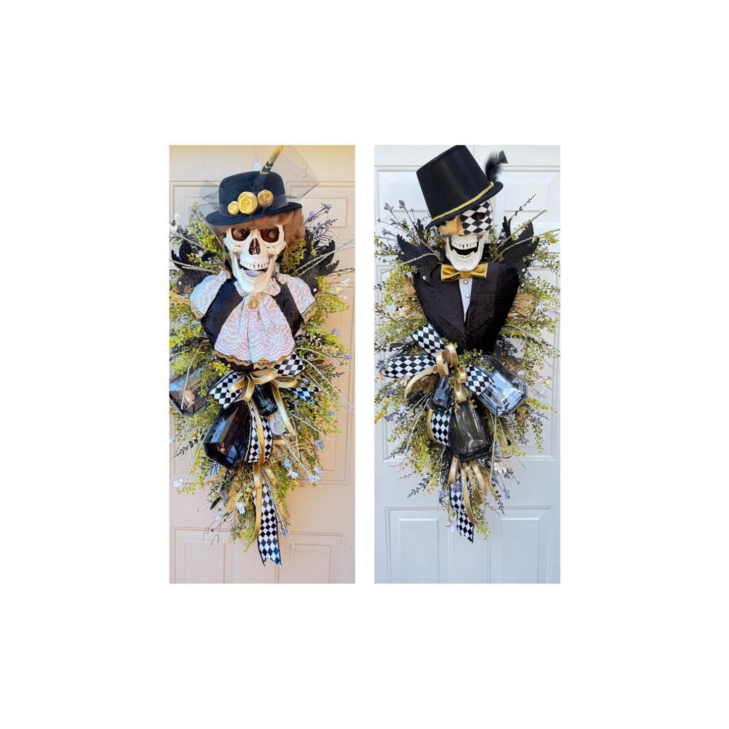 Skeleton Bride And Groom Halloween Swags: Gothic Double Door Decor Black and White Decoration