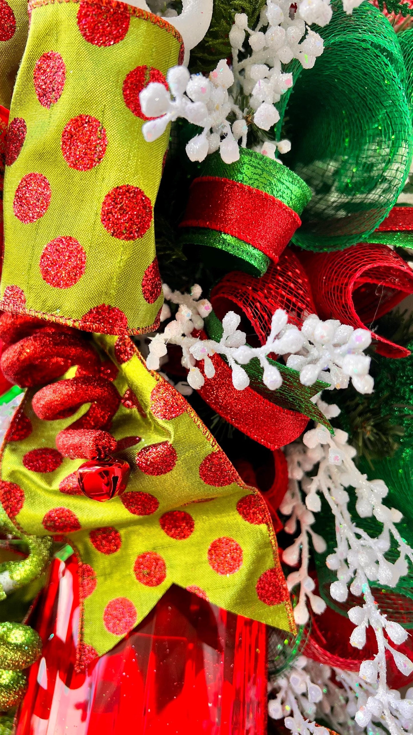 Red and Green Christmas Swag with Ornaments, Holiday Door Swag, Front Door Christmas Decor