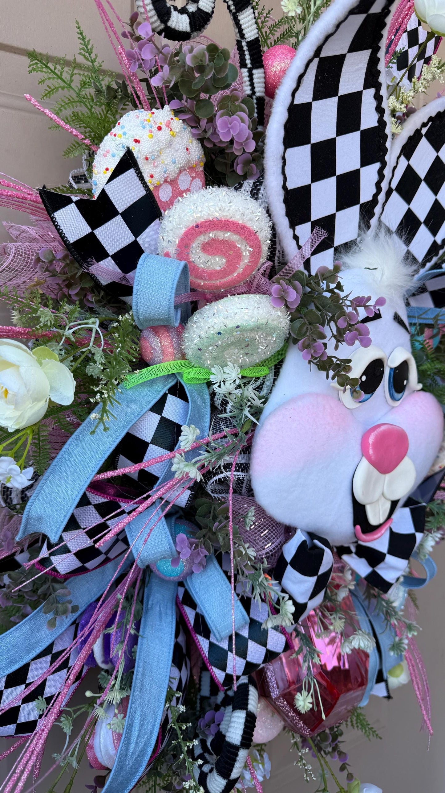 Pink Gem Easter Wreath: Handmade Bunny Door Decor