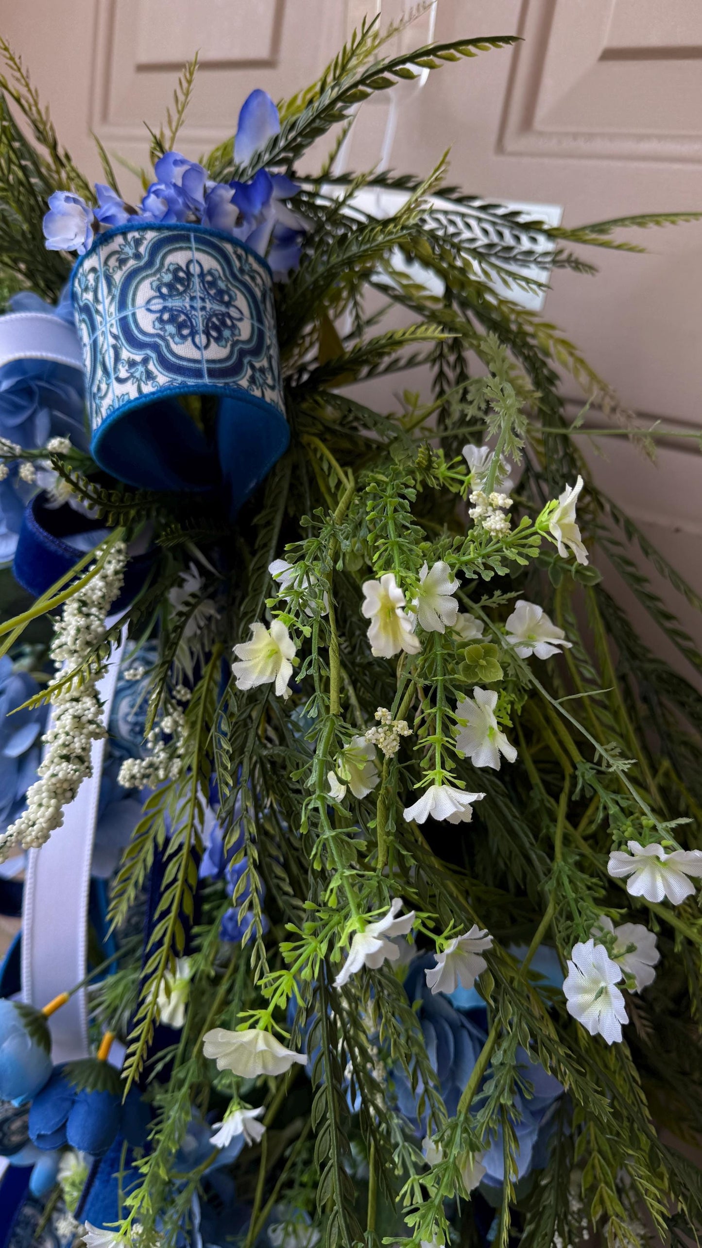 Blue Hydrangea Wreath: XL Moss Base, Chinoiserie Ribbon Door Decor