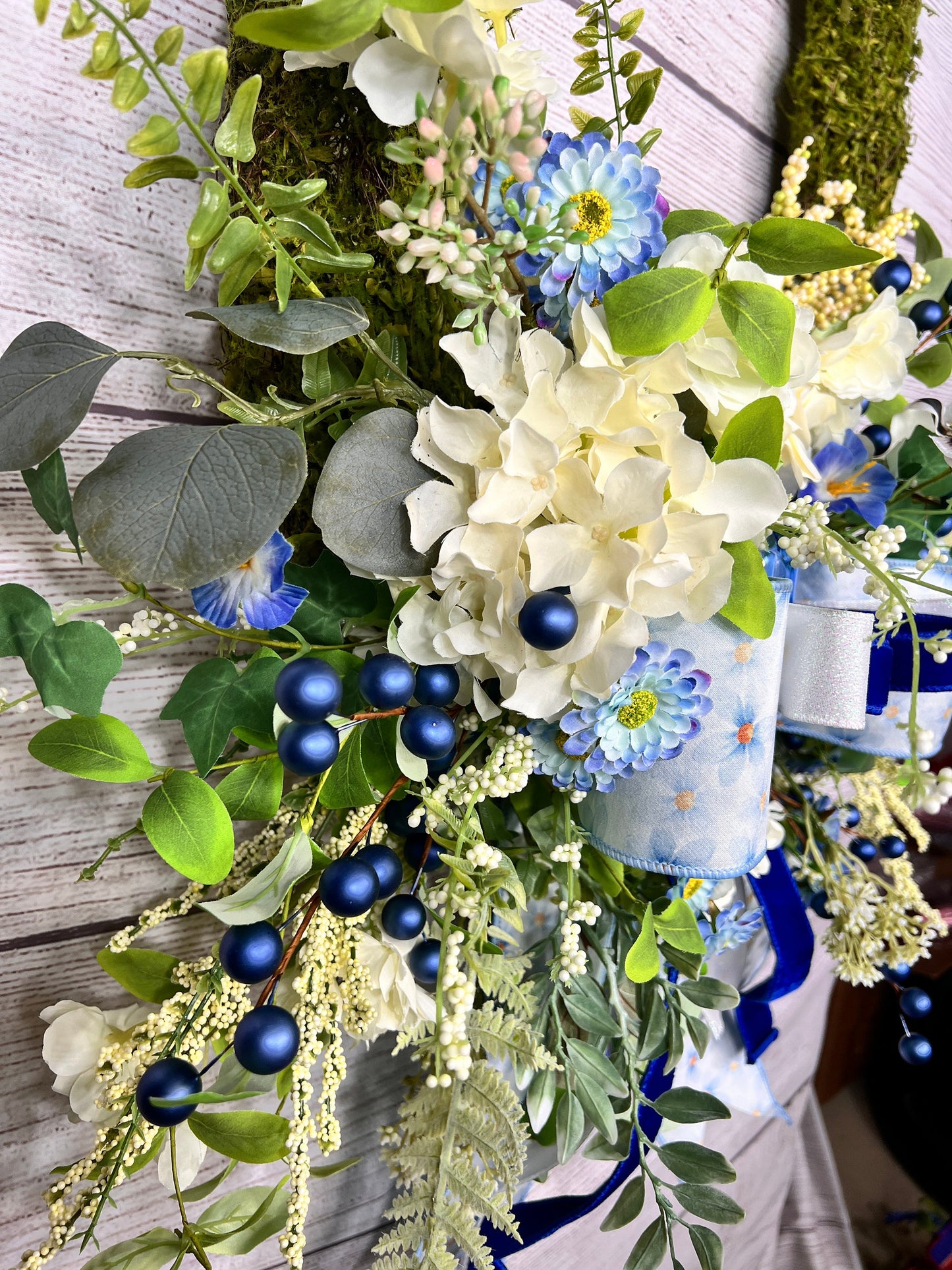 Floral Moss Wreath: Blue Hydrangea, Garden Party Decor