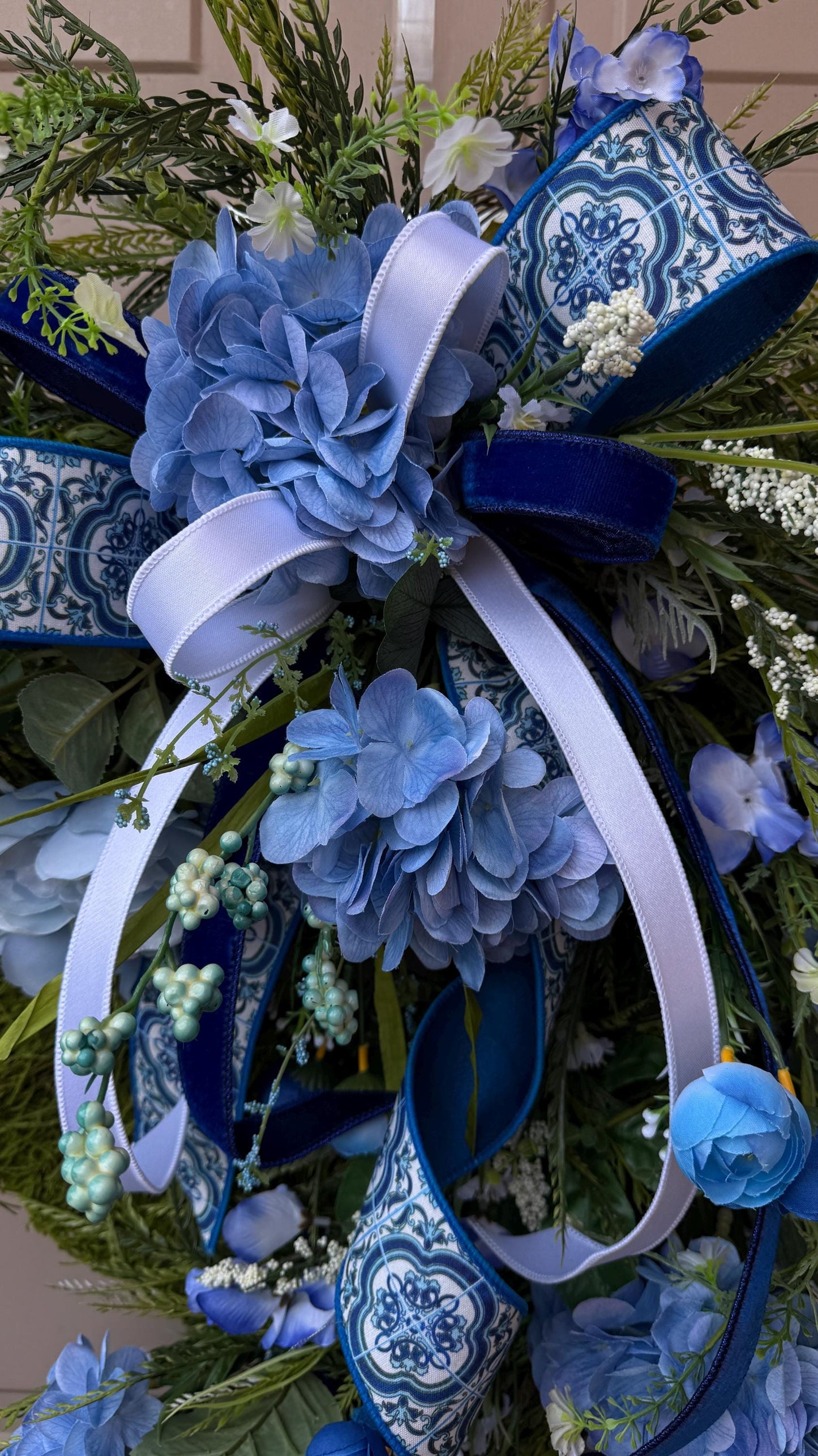 Blue Hydrangea Wreath: XL Moss Base, Chinoiserie Ribbon Door Decor