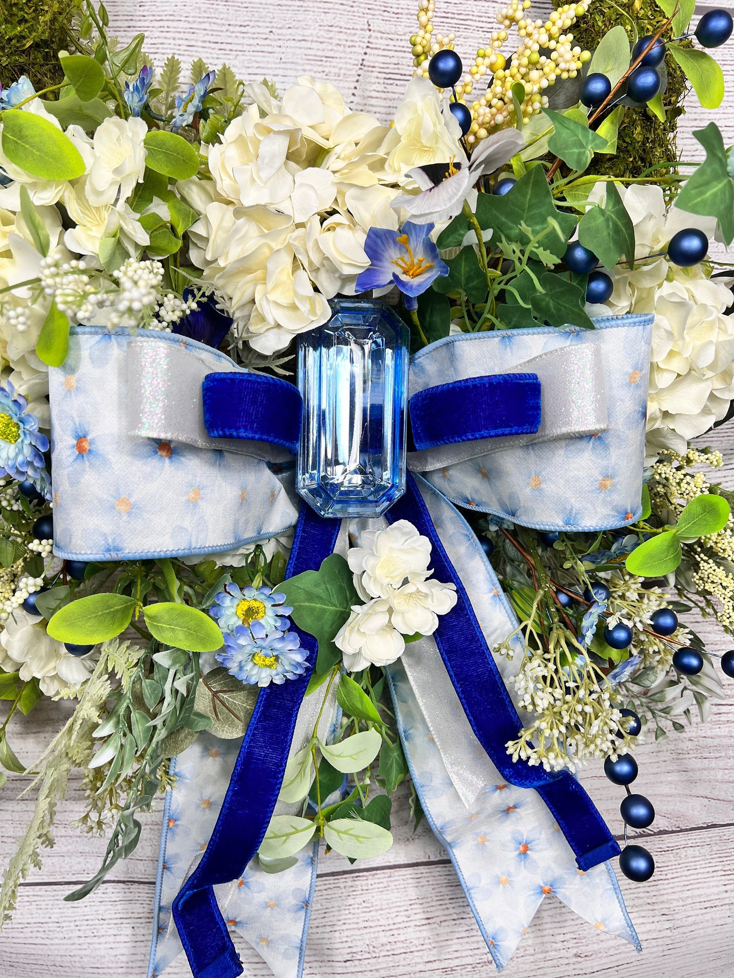 Floral Moss Wreath: Blue Hydrangea, Garden Party Decor