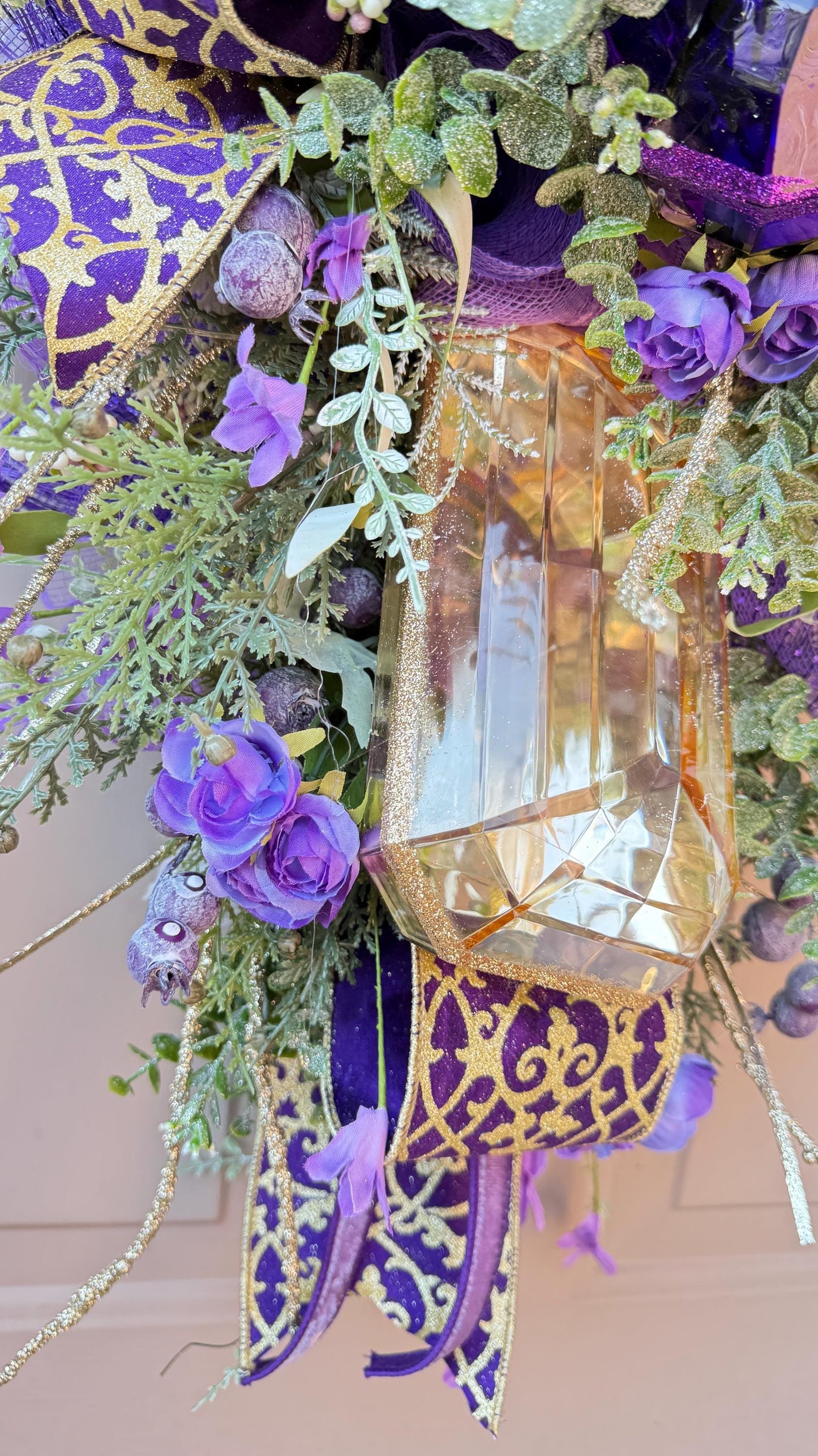 Purple and Gold Gem Wreath Holiday Decor Glitter Accents Handmade Front Door Wreath