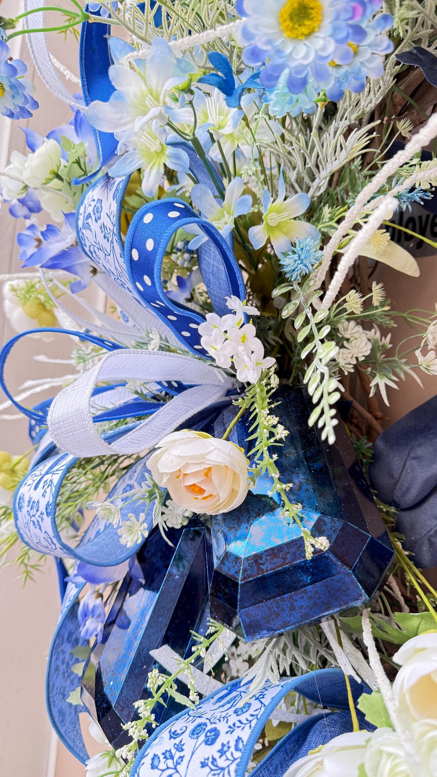 Blue Floral Wreath: French Countryside Decor, Silk Roses (24 inch)