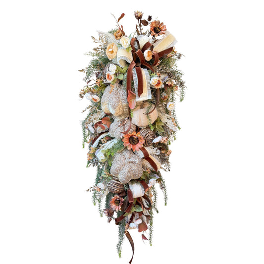 Pumpkin Fall Swag  Cream and Neutral Autumn Door Decoration, Vintage-Inspired Handmade, Fall Outdoor