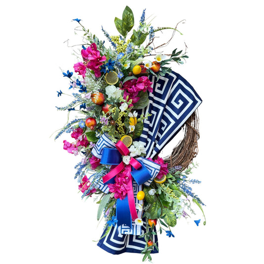 Mediterranean Lemon Grapevine Wreath: Greek Key Ribbon, Faux Florals