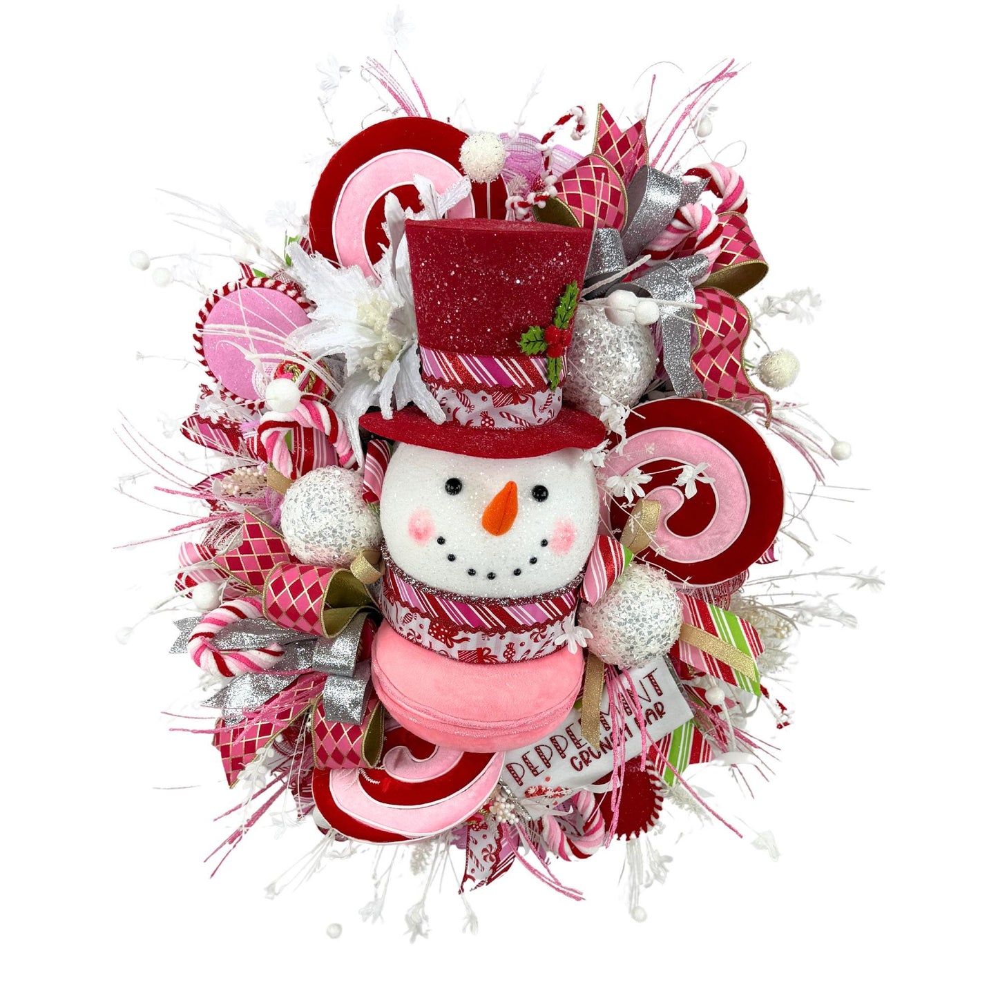 Snowman Wreath Peppermint Candy, Pink and Red Winter Decor, Holiday Hosting Decor