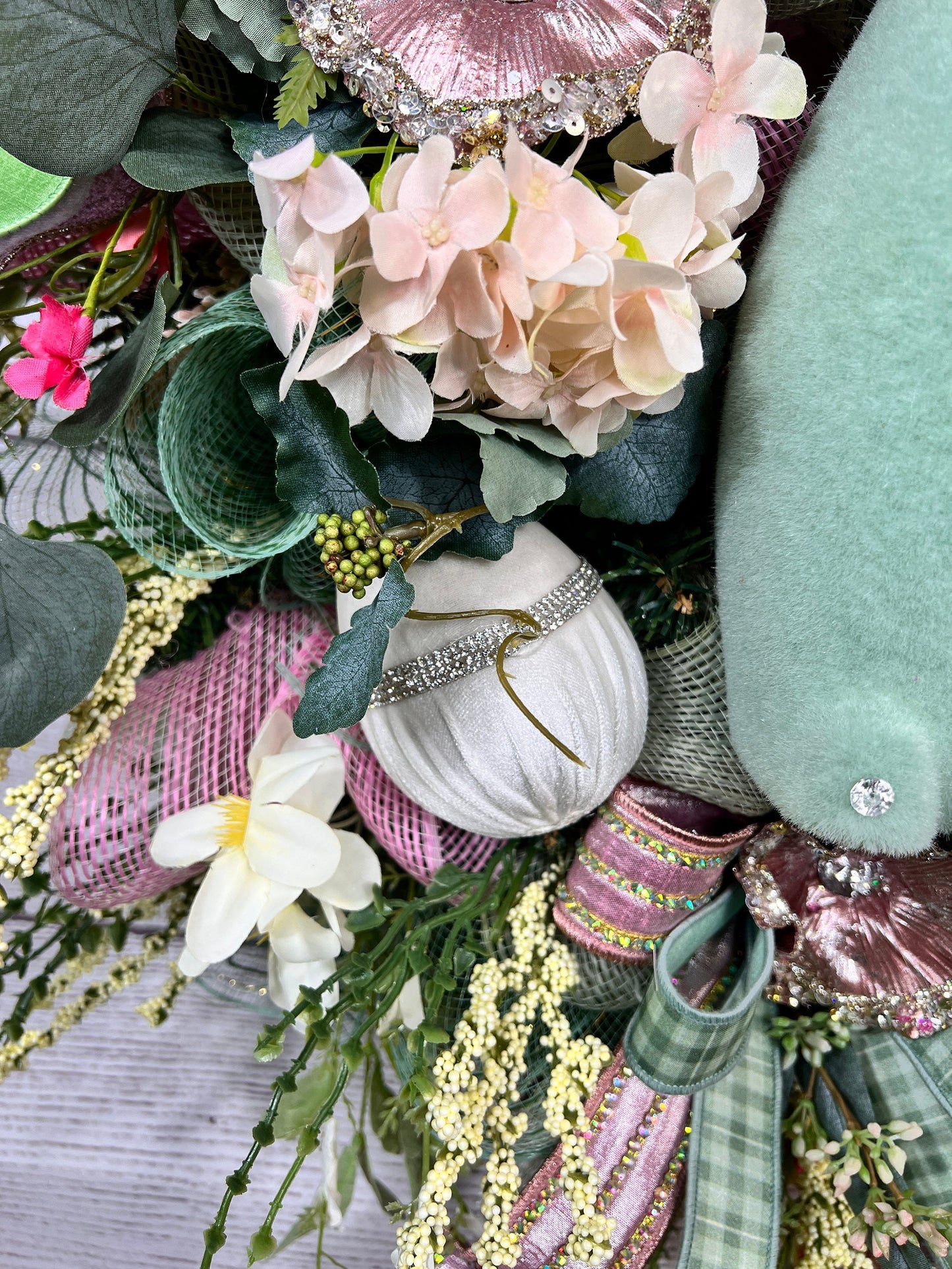 Flocked Bunny Easter Wreath: Handmade Spring Floral Door Decor