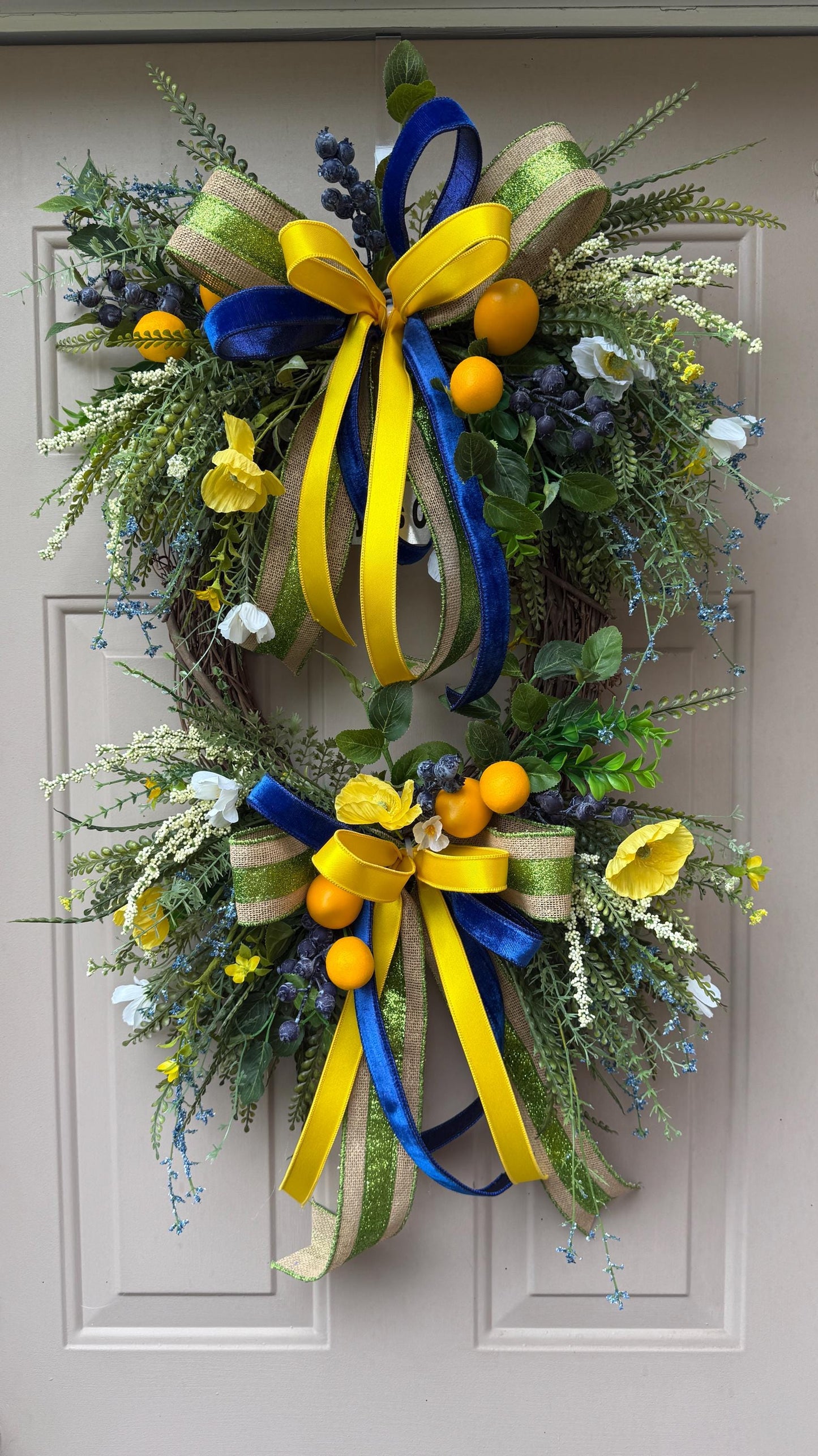 Lemon Grapevine Door Wreath, Yellow Flowers, Blue Ribbons, Handmade