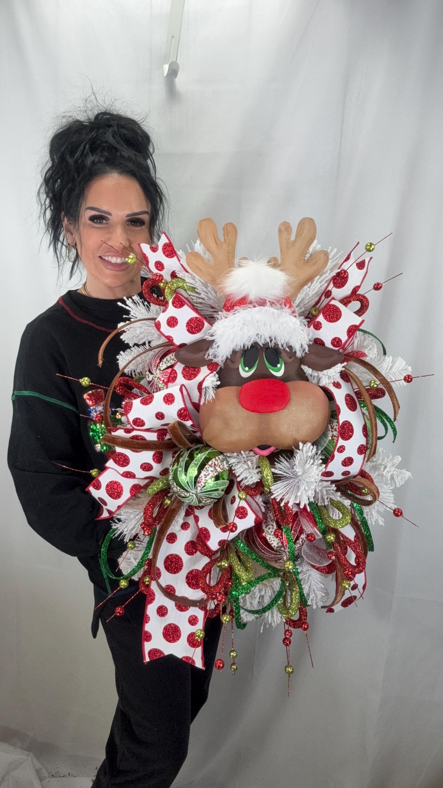 Handmade Rustic Reindeer Wreath, Red And White Holiday Decor for a Warm Welcome, Festive Decor