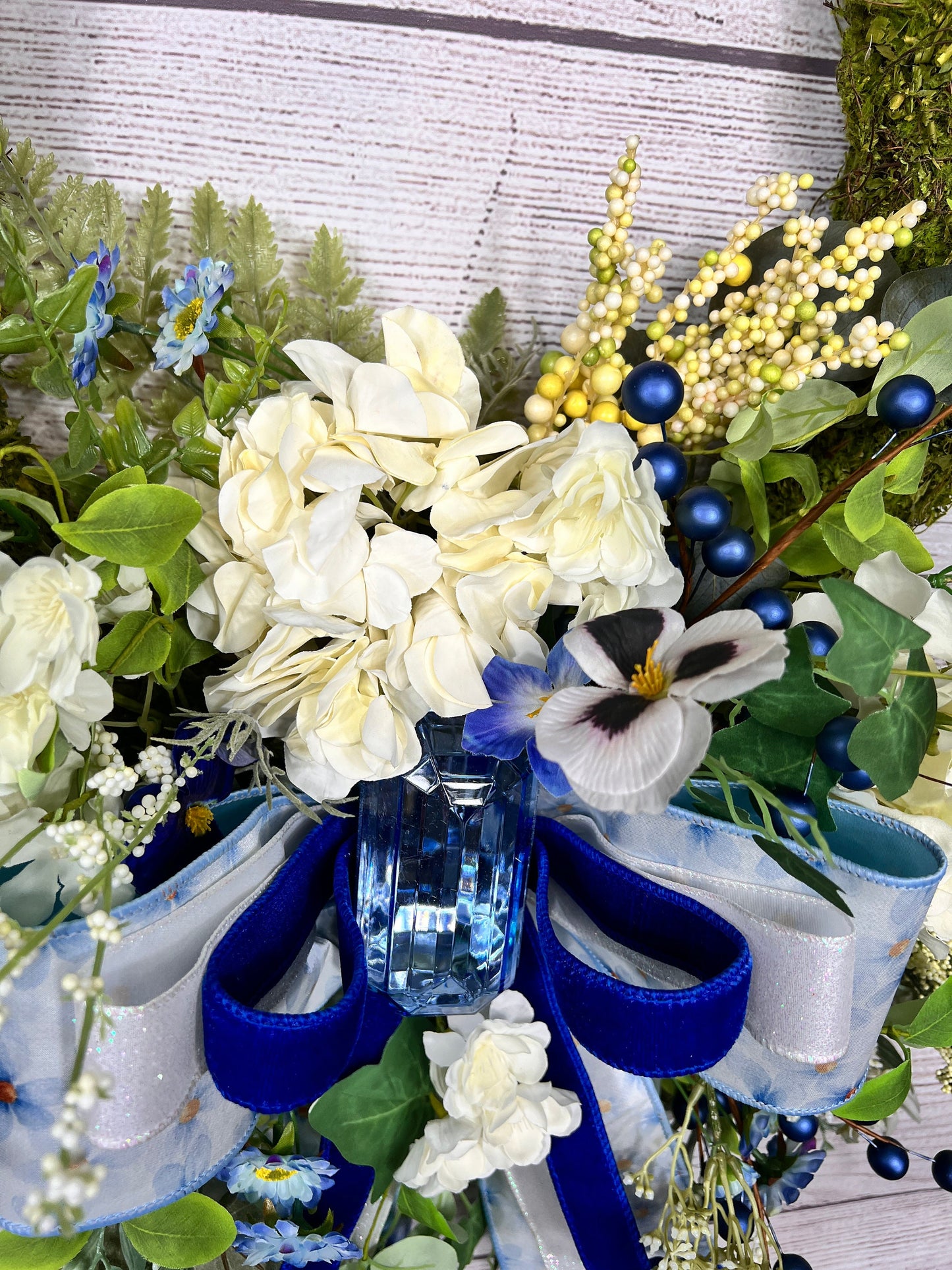 Floral Moss Wreath: Blue Hydrangea, Garden Party Decor