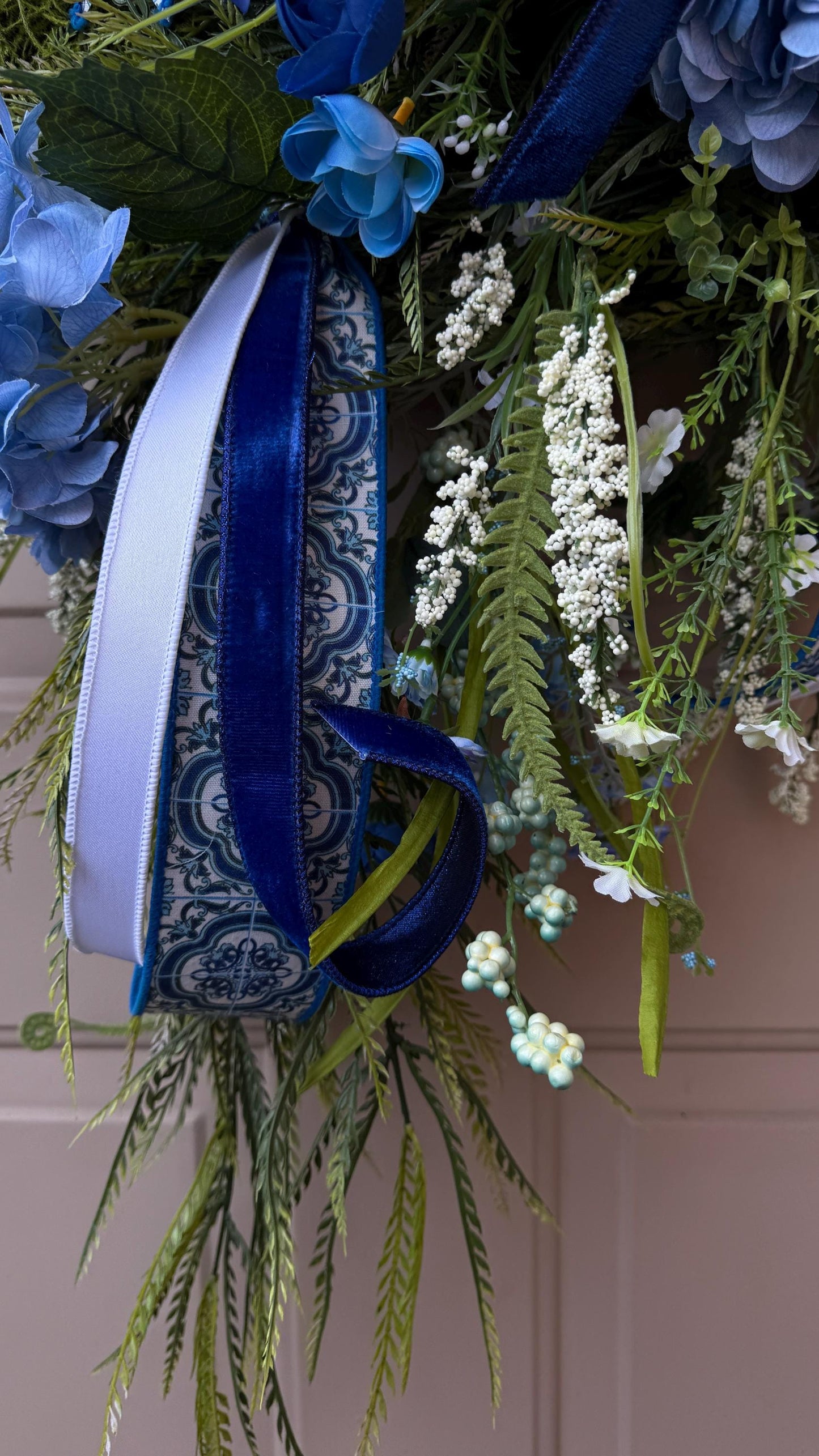Blue Hydrangea Wreath: XL Moss Base, Chinoiserie Ribbon Door Decor
