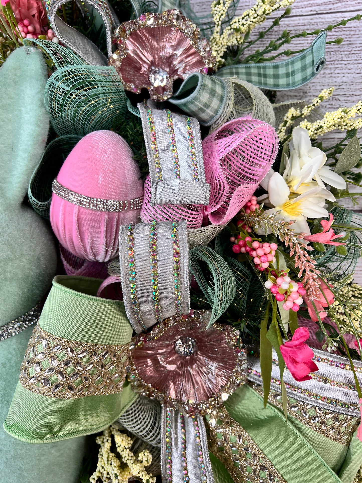 Flocked Bunny Easter Wreath: Handmade Spring Floral Door Decor