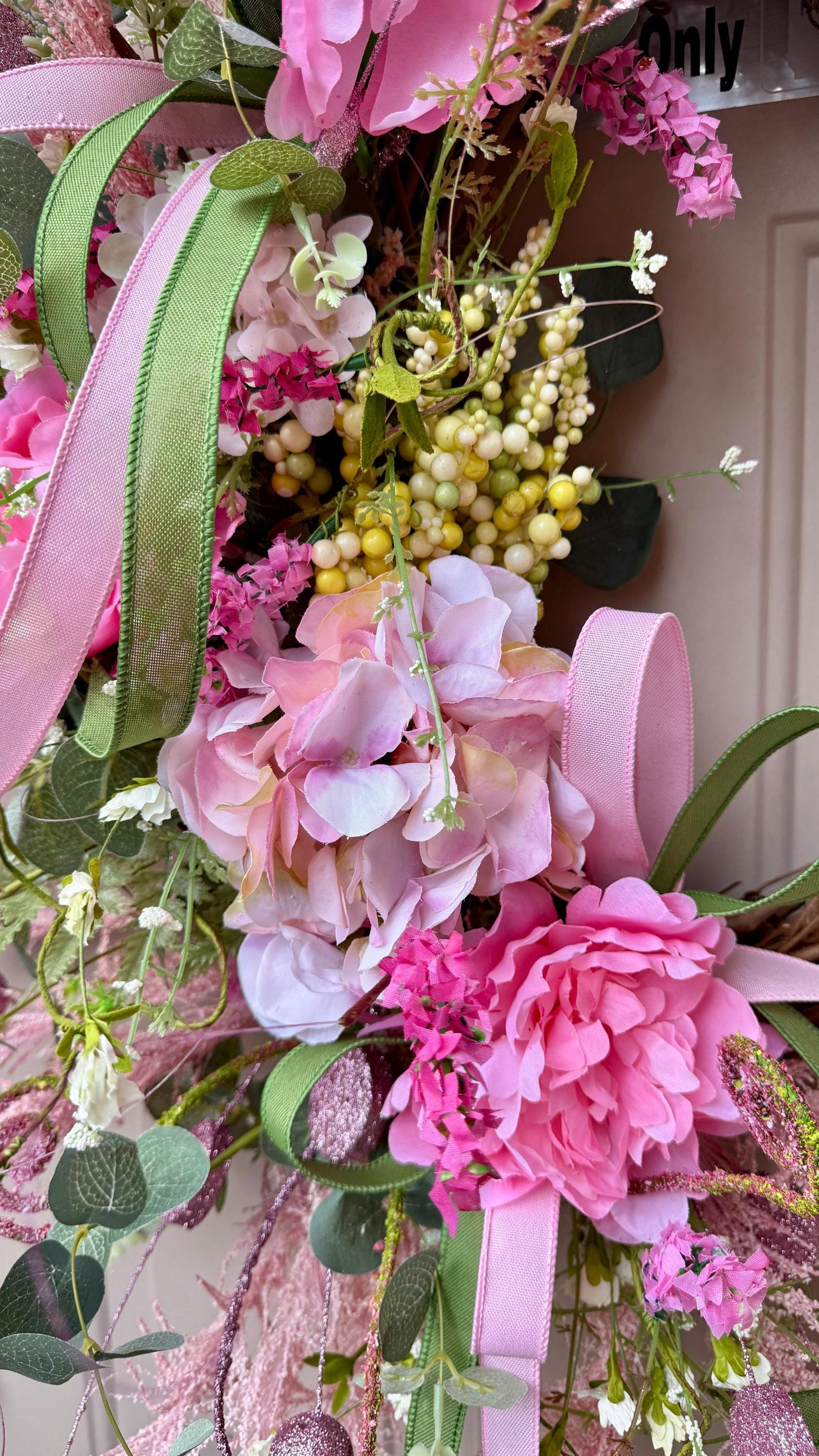 Floral Grapevine Wreath: Pink Wildflowers, Lace Bow, Farmhouse Decor