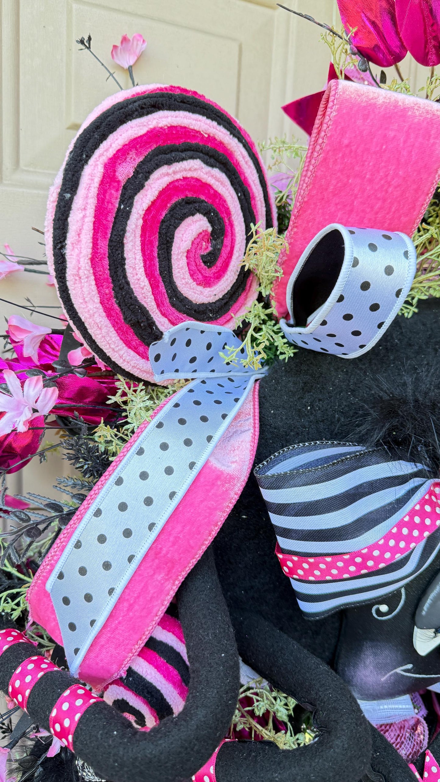 Pink & Black Spider Wreath, Rhinestone Spider, Designer Ribbon Bow, Halloween Luxury Door Decoration