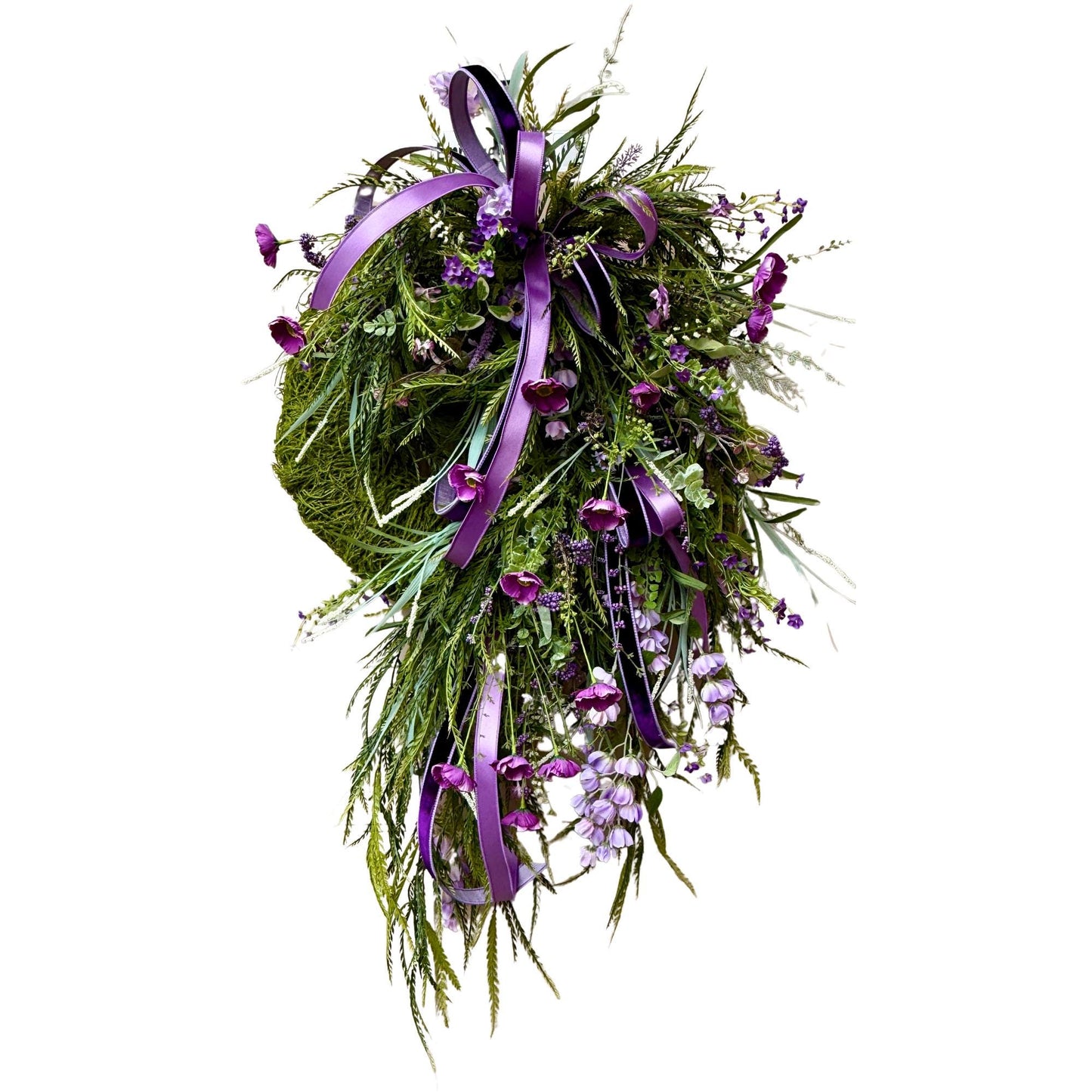 Lavender & Purple Floral Wreath: Moss Base, Satin Ribbons