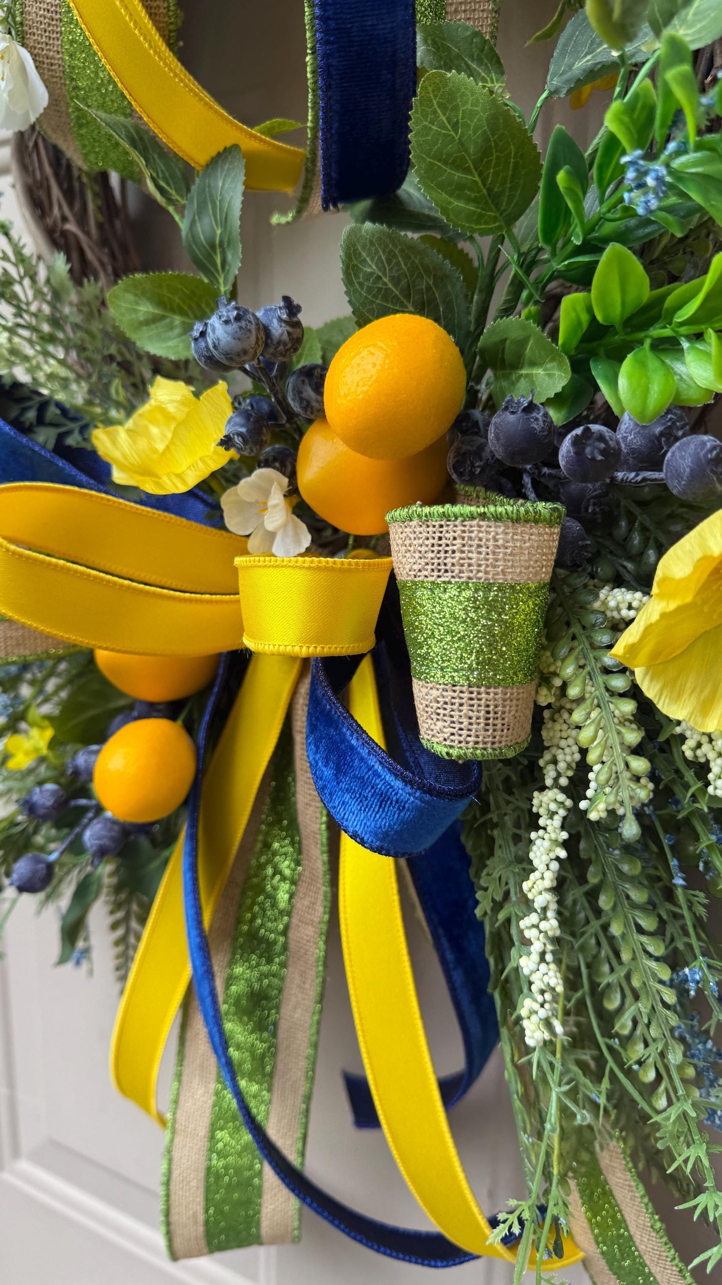 Lemon Grapevine Door Wreath, Yellow Flowers, Blue Ribbons, Handmade