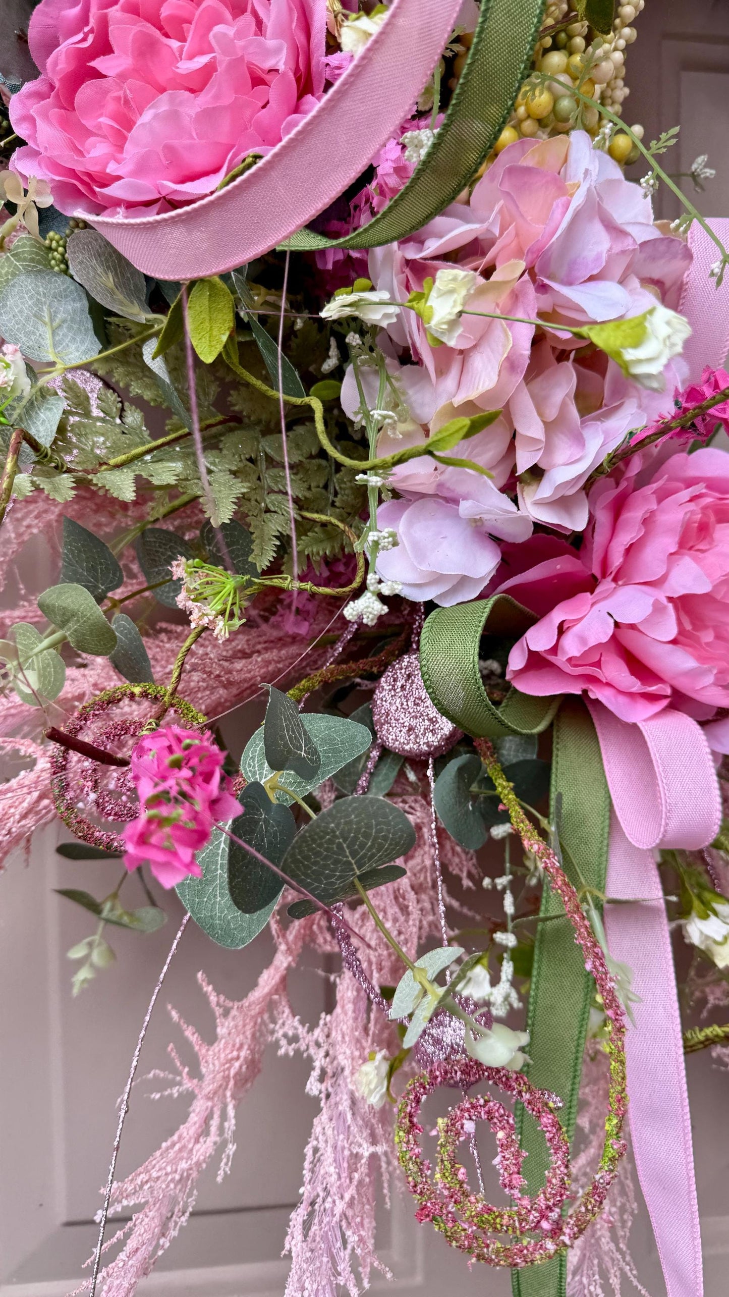 Floral Grapevine Wreath: Pink Wildflowers, Lace Bow, Farmhouse Decor