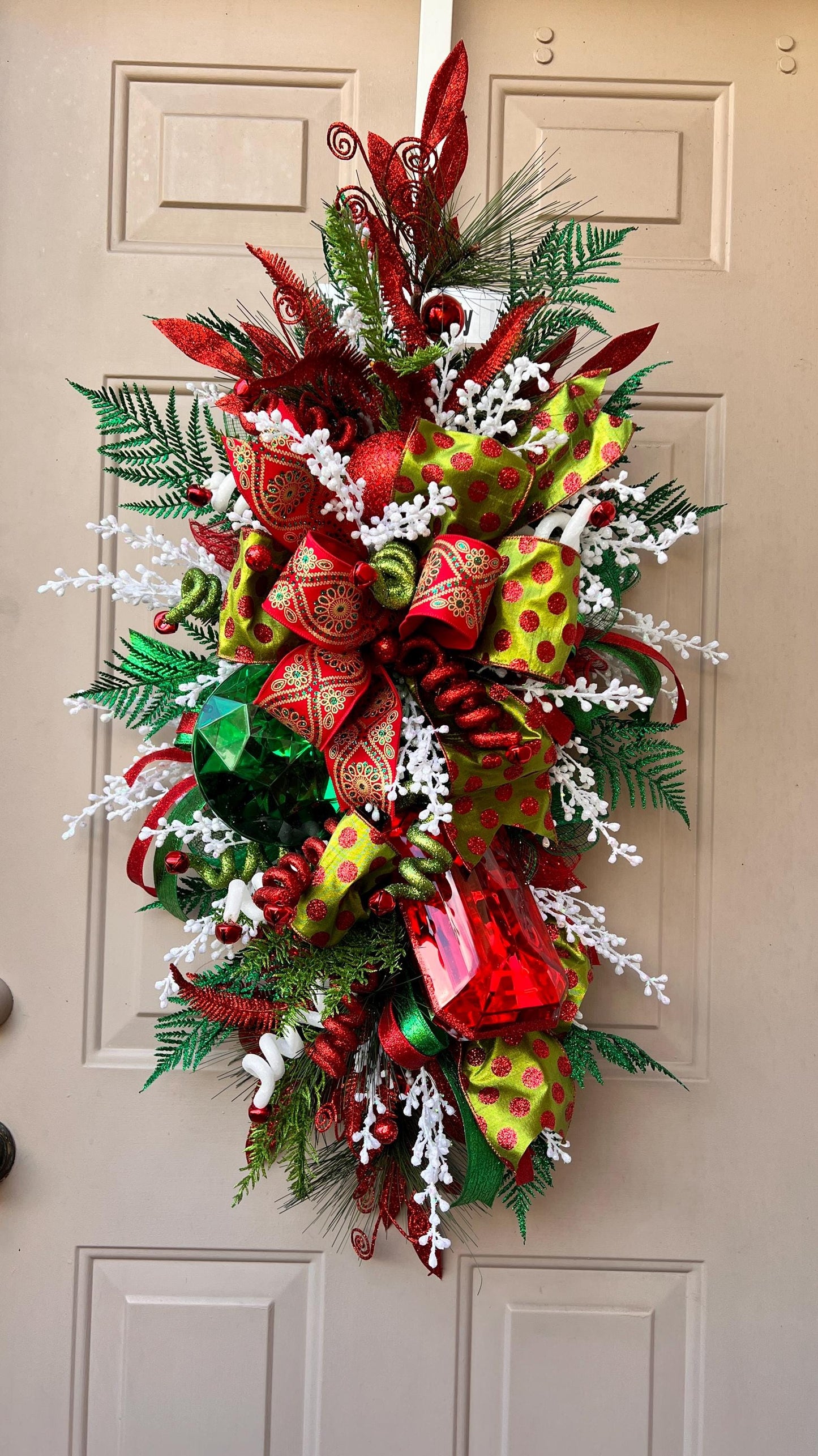 Red and Green Christmas Swag with Ornaments, Holiday Door Swag, Front Door Christmas Decor