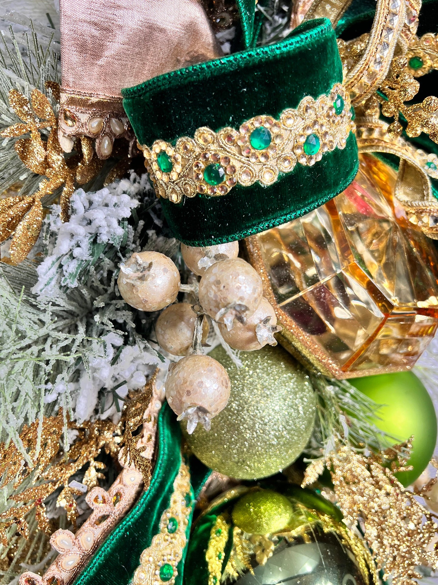 Green and Gold Christmas Swag with Velvet Ribbon, Glam Holiday Door Swag, Elegant Champagne Xmas Decor