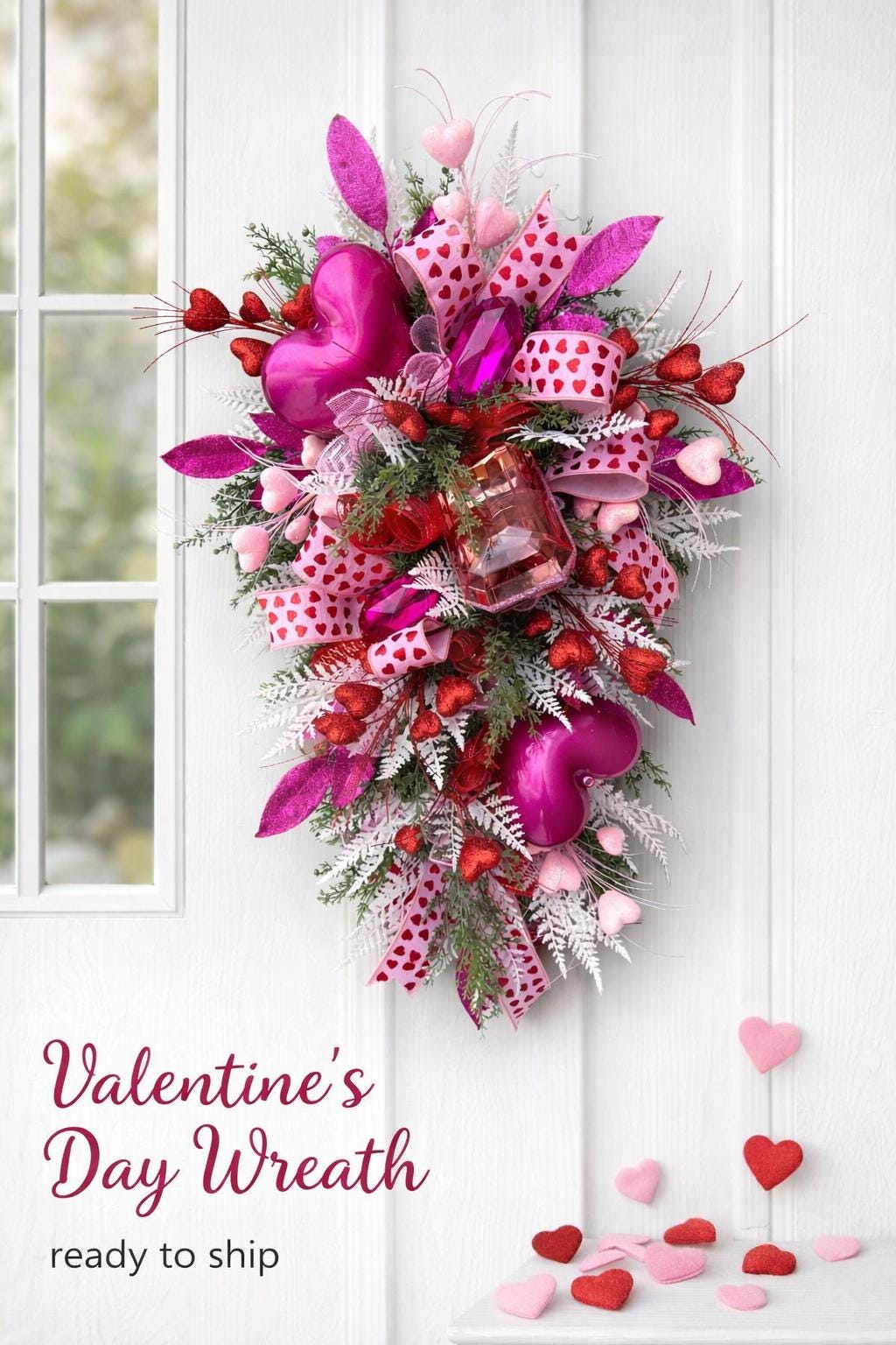 Valentine's Day Swag: Pink Gem Heart Wreath, Front Door Decor