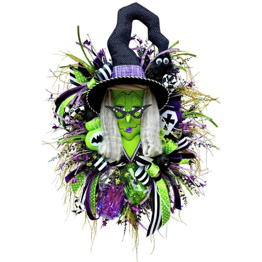 Halloween Witch Wreath: Green Face, Purple and Lime Decor, Spooky Door Decor