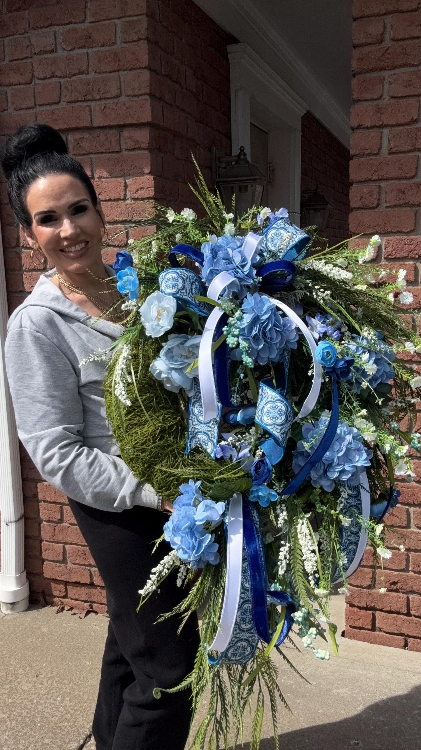 Blue Hydrangea Wreath: XL Moss Base, Chinoiserie Ribbon Door Decor