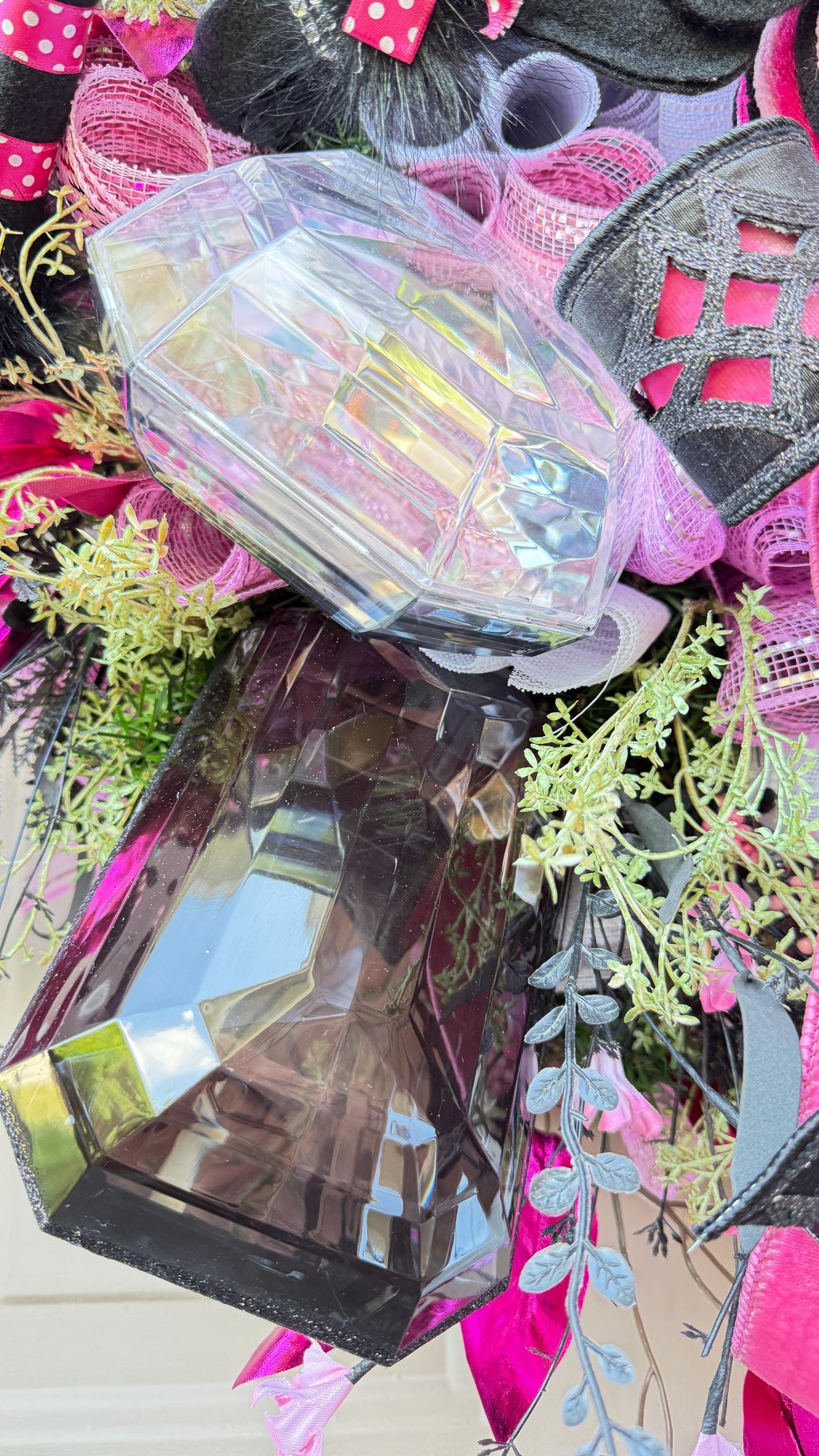 Pink & Black Spider Wreath, Rhinestone Spider, Designer Ribbon Bow, Halloween Luxury Door Decoration