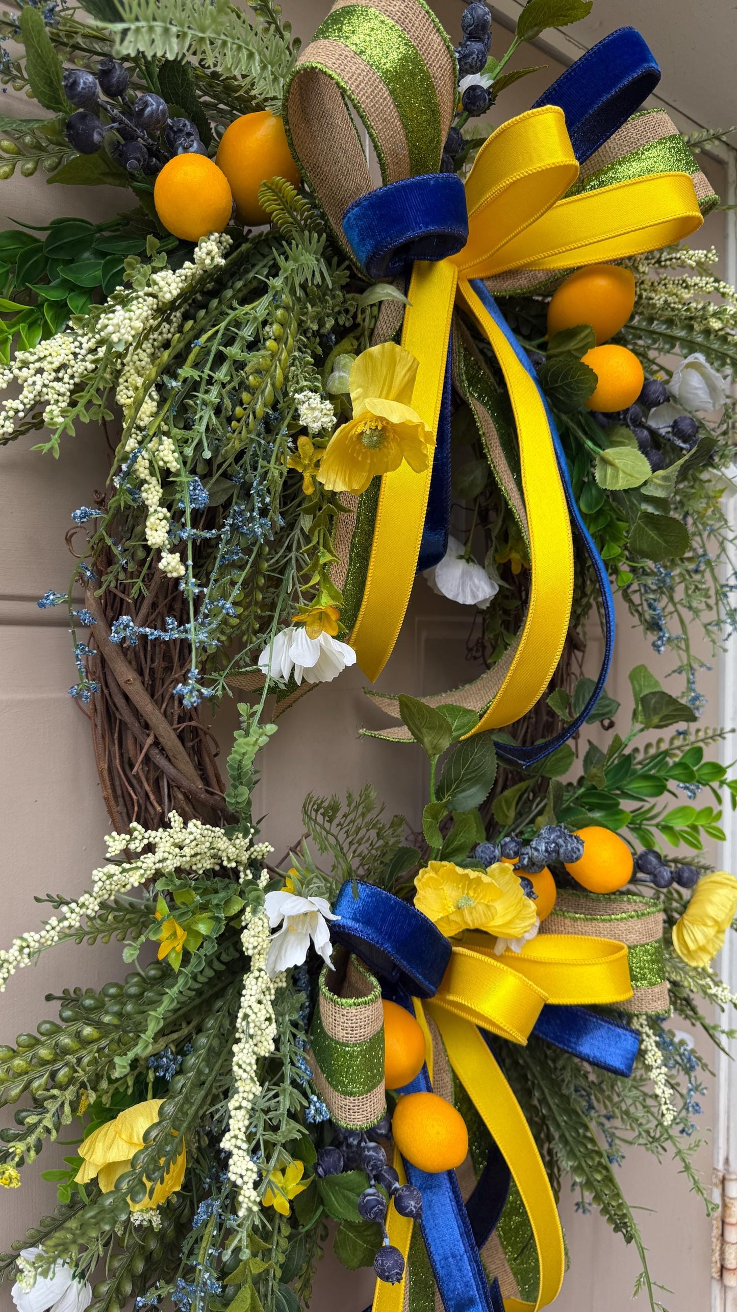 Lemon Grapevine Door Wreath, Yellow Flowers, Blue Ribbons, Handmade