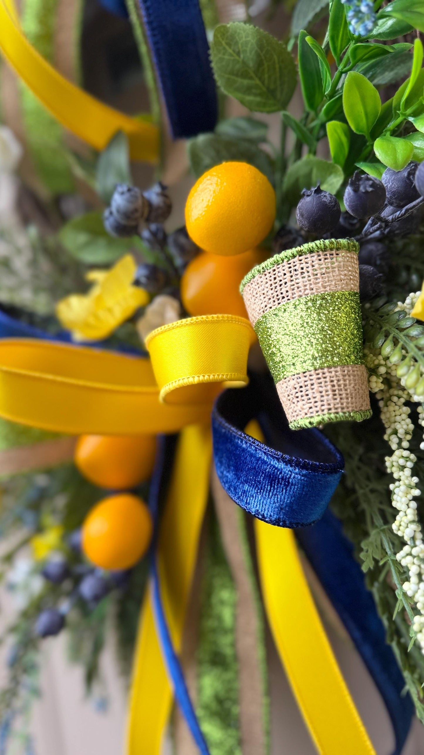Lemon Grapevine Door Wreath, Yellow Flowers, Blue Ribbons, Handmade