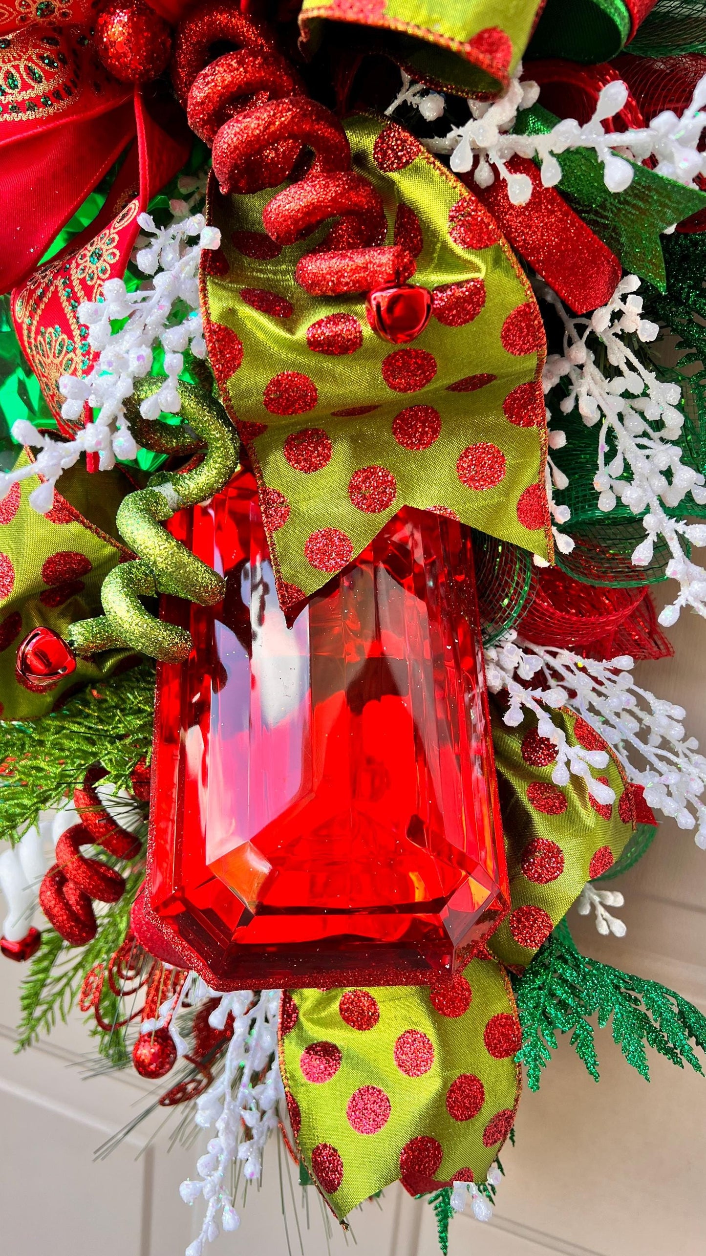Red and Green Christmas Swag with Ornaments, Holiday Door Swag, Front Door Christmas Decor