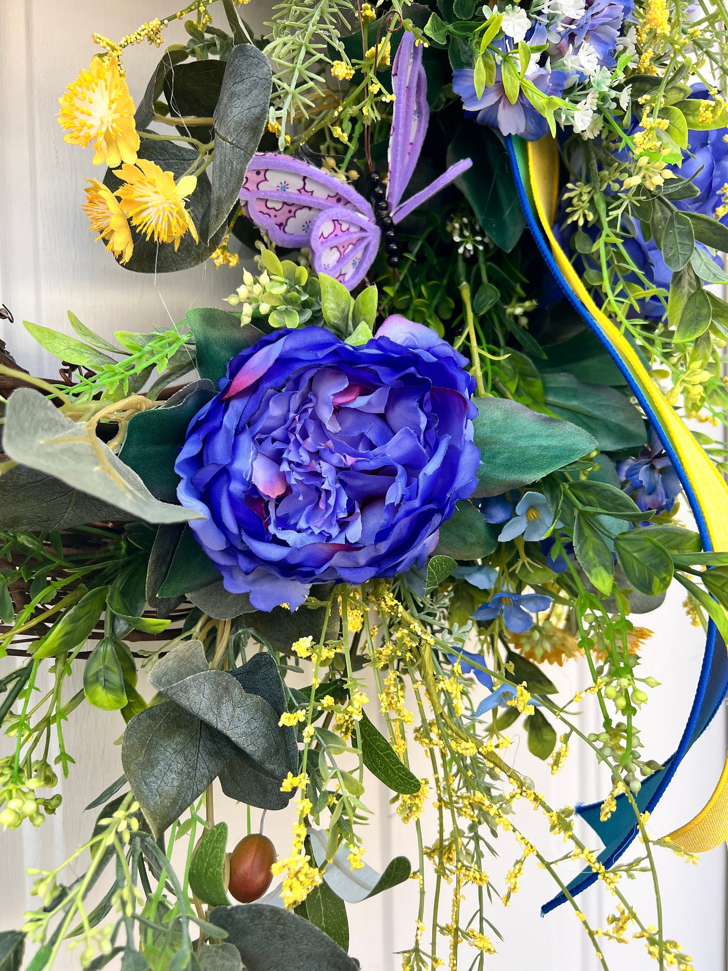 Blue Peony Wreath: Floral Grapevine, Summer Farmhouse Decor