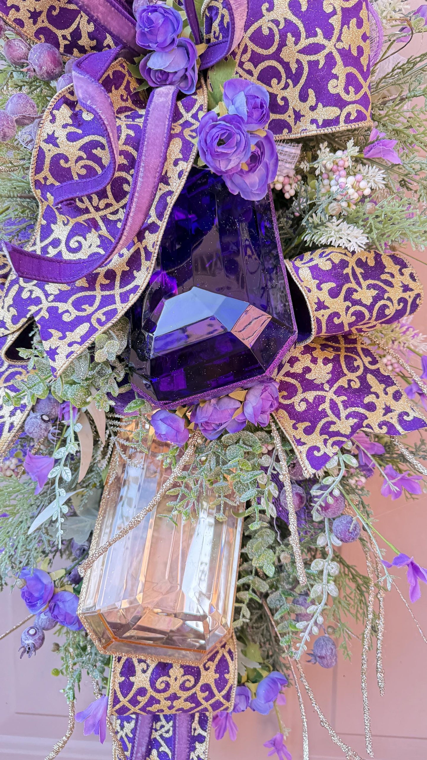 Purple and Gold Gem Wreath Holiday Decor Glitter Accents Handmade Front Door Wreath