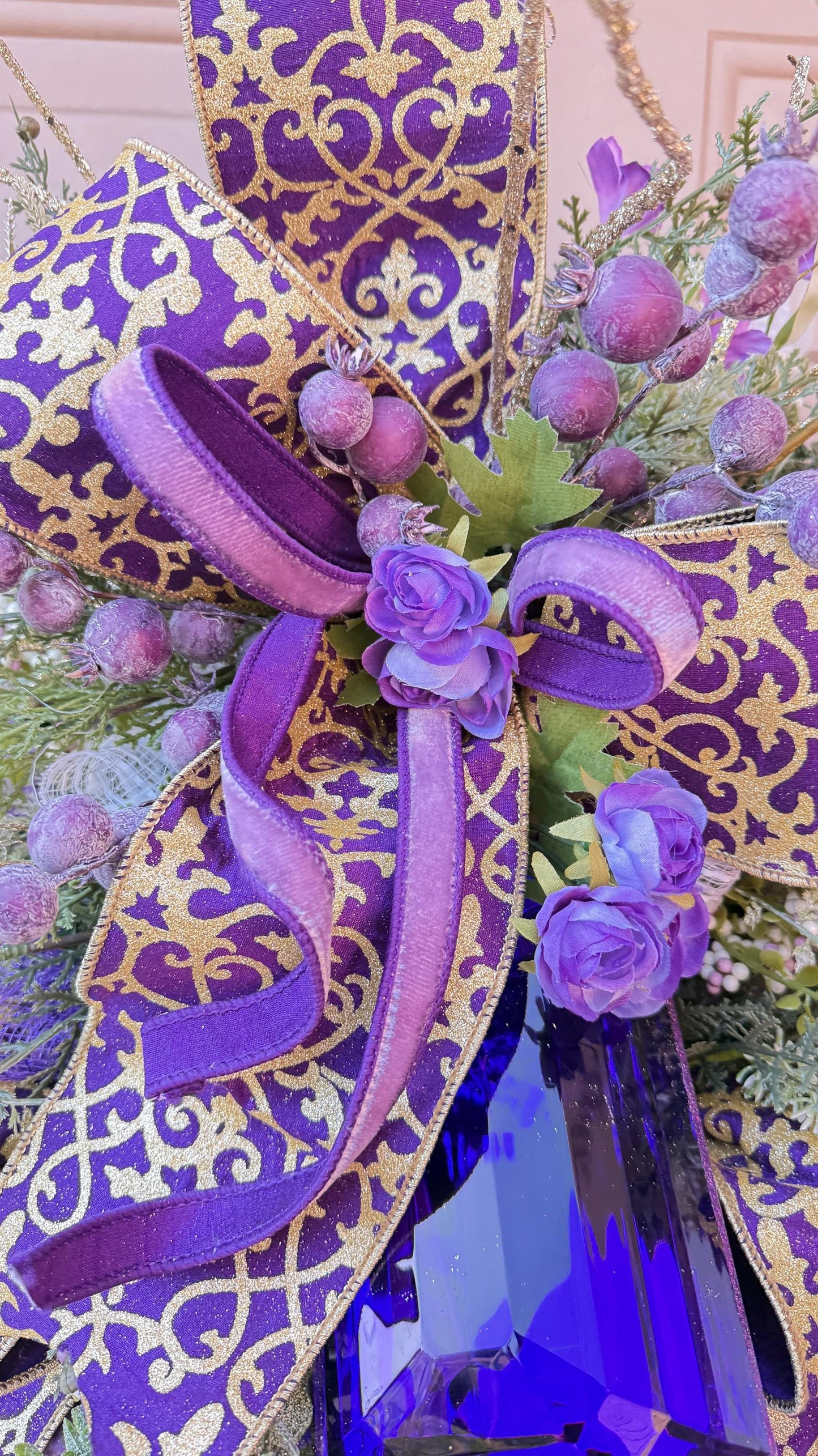 Purple and Gold Gem Wreath Holiday Decor Glitter Accents Handmade Front Door Wreath