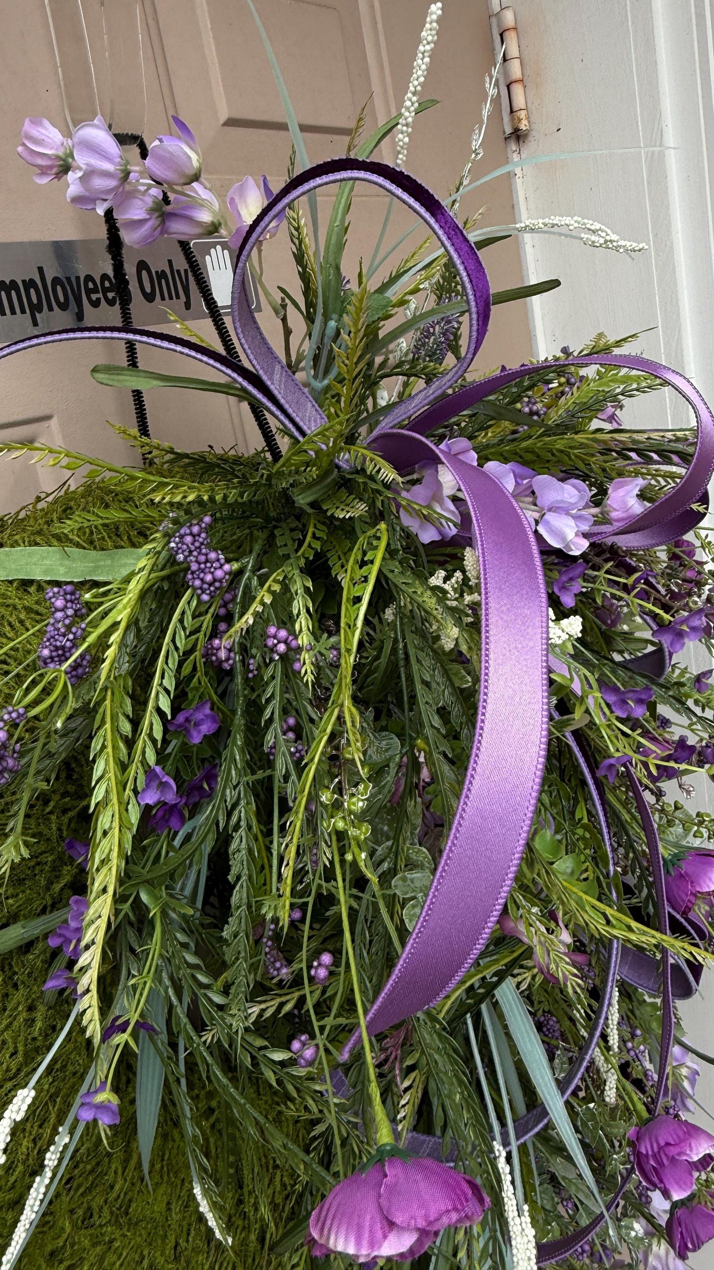 Lavender & Purple Floral Wreath: Moss Base, Satin Ribbons